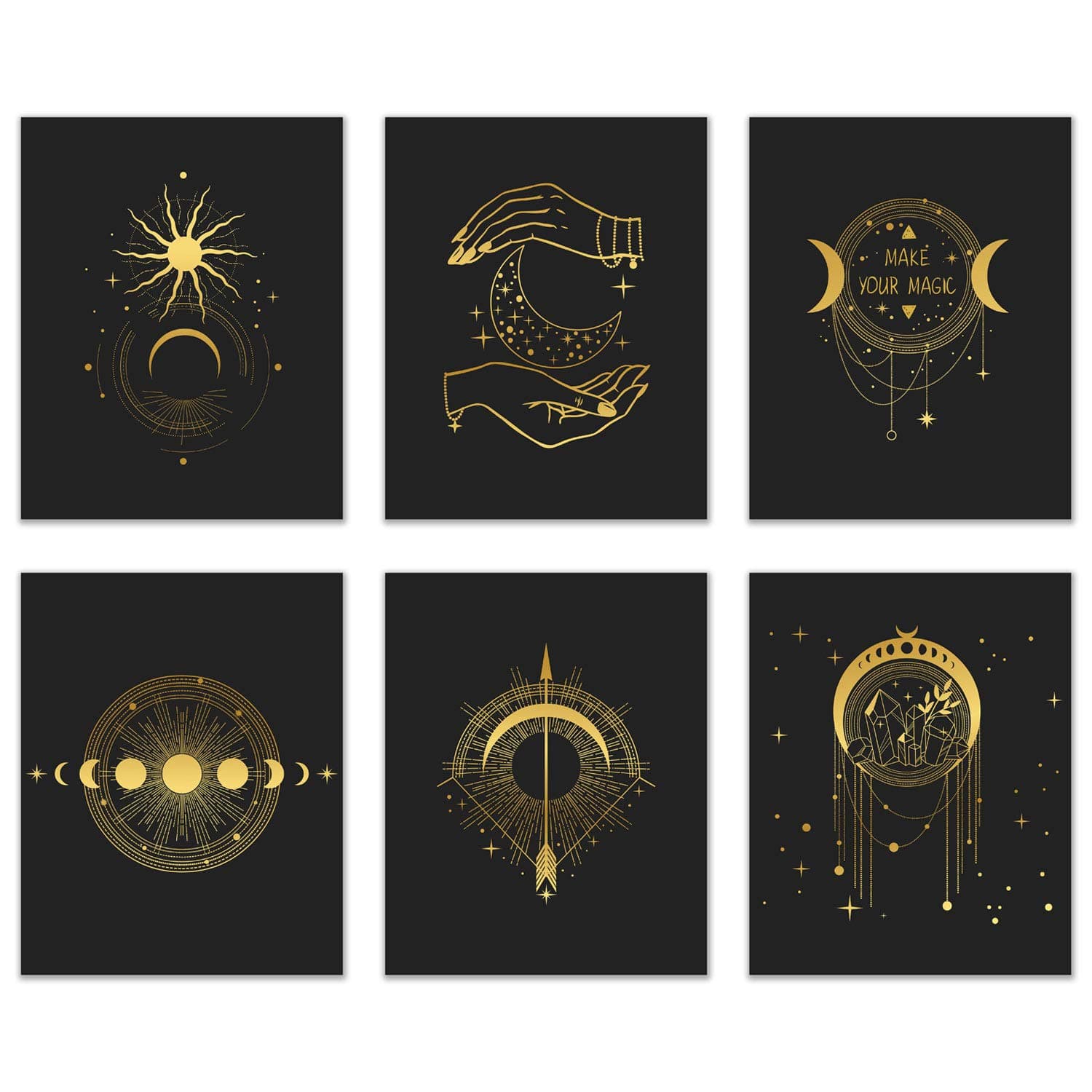 Occult Gold and Black Prints - Set of 6 (8x10) Glossy Wall Art Decor Alchemy - Witch -Third Eye - Planets