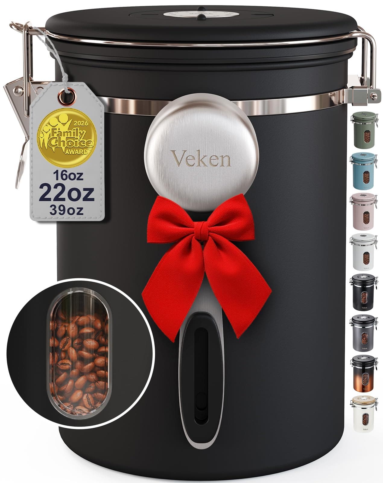 Veken Coffee Canister with Window,Airtight Stainless Steel Pantry Container,Home Kitchen Food Storage Organizers for Ground,Beans,Espresso,Rice,Tea,Sugar,Cereal, Decor,Bar Accessories,Gifts,22OZ,Black