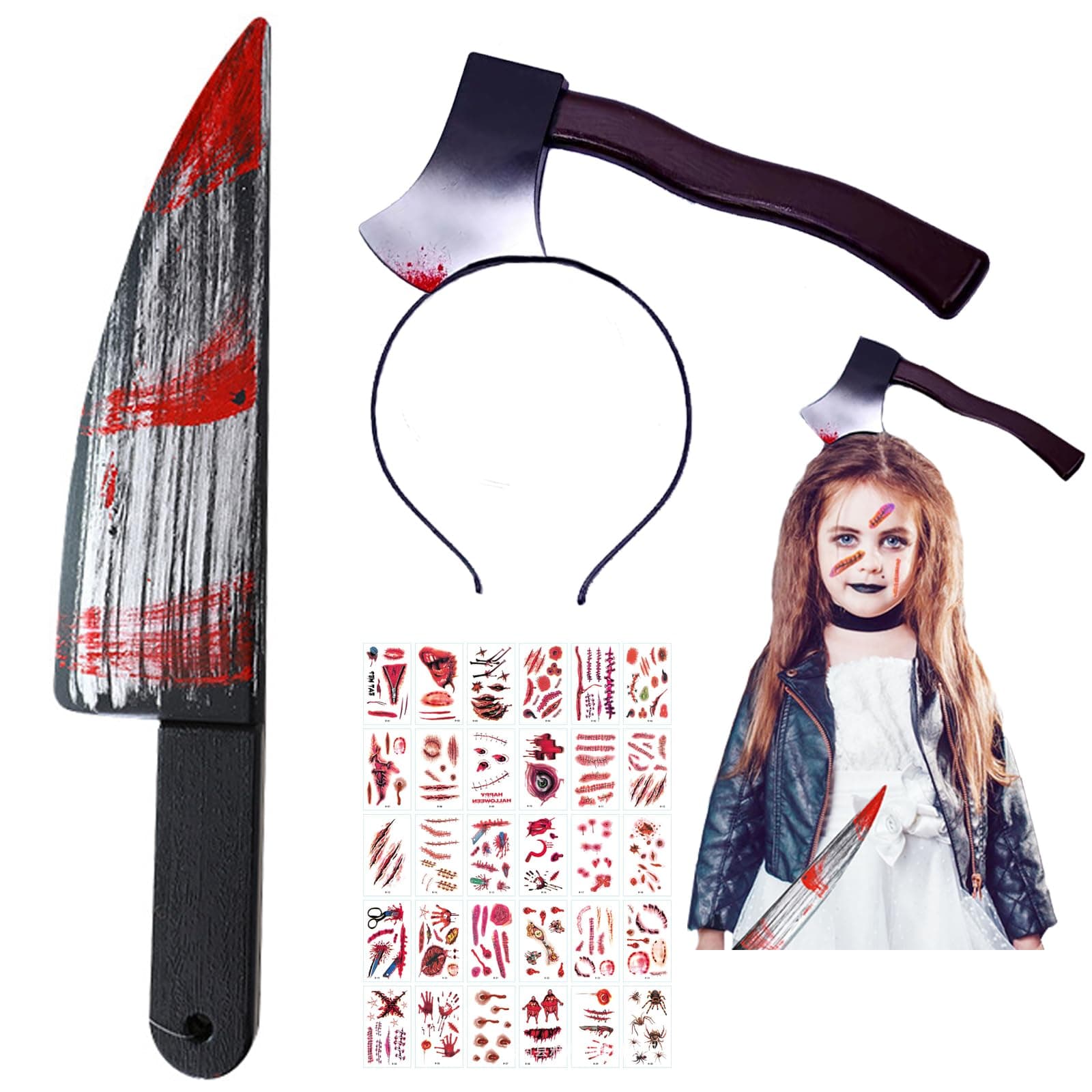 Halloween Costumes Fake Knife with Blood, Purge Weapon Prop and Axe with Blood Headband, Add 30PCS Stickers