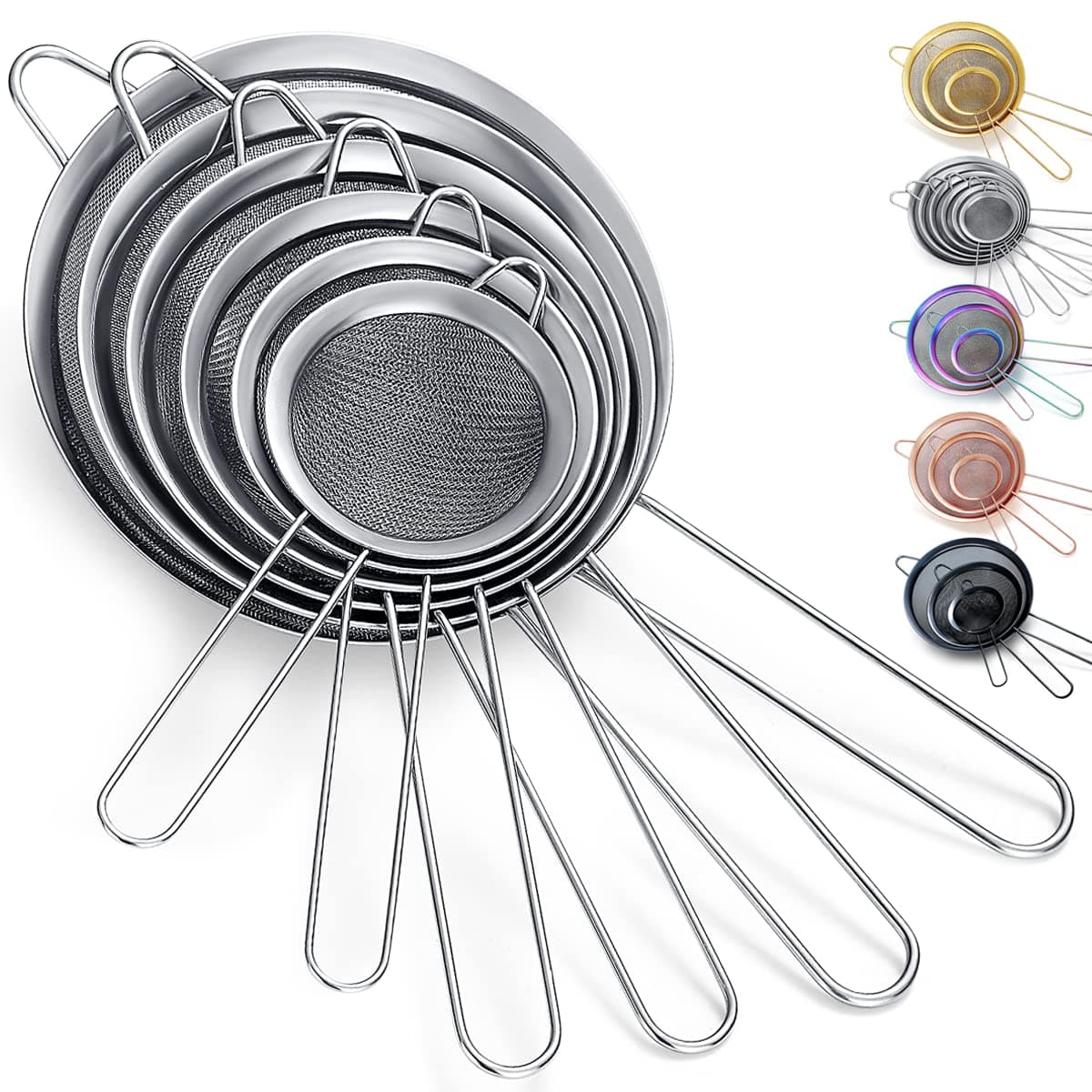 Kyraton Fine Mesh Strainer 6 Pieces Set, Flour Sifter For Baking, Stainless Steel Clander, Matcha Tea Strainer, Gravy Separator, Stasher Sieve Pasta Strainers