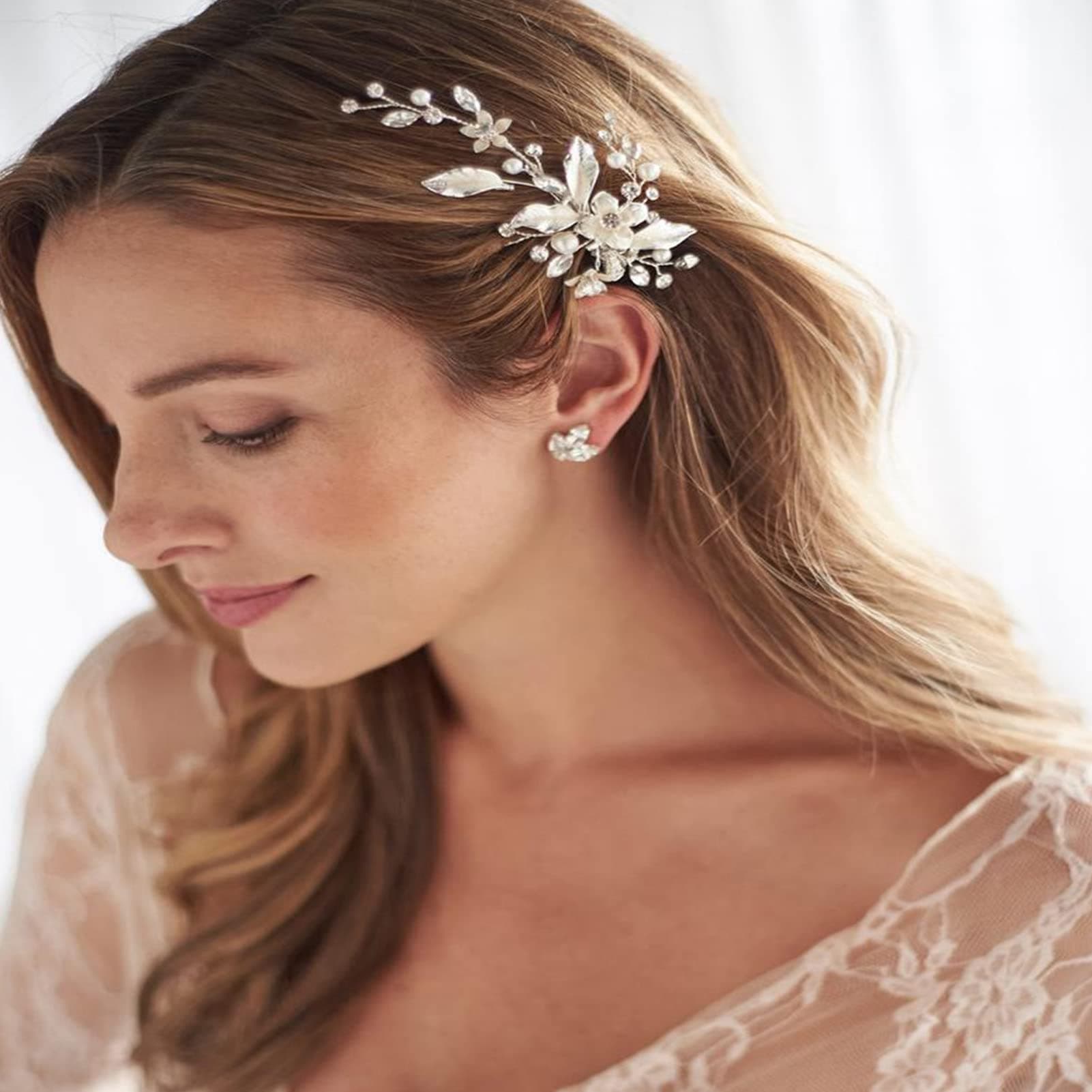 FXmimior Bridal Headpiece Vintage Crystal Leaf Hair Pins, Wedding Party Hair Accessories withPins, Gold Color (Silver)