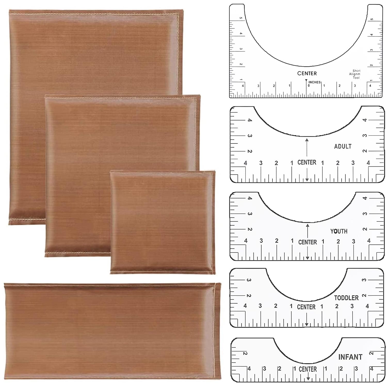 9 Pack Heat Press Pillow Mat Kits - 4 Size Teflon Heat Pressing Transfer Pillows with 5 Size Tshirt Ruler Guide for Vinyl Alignment