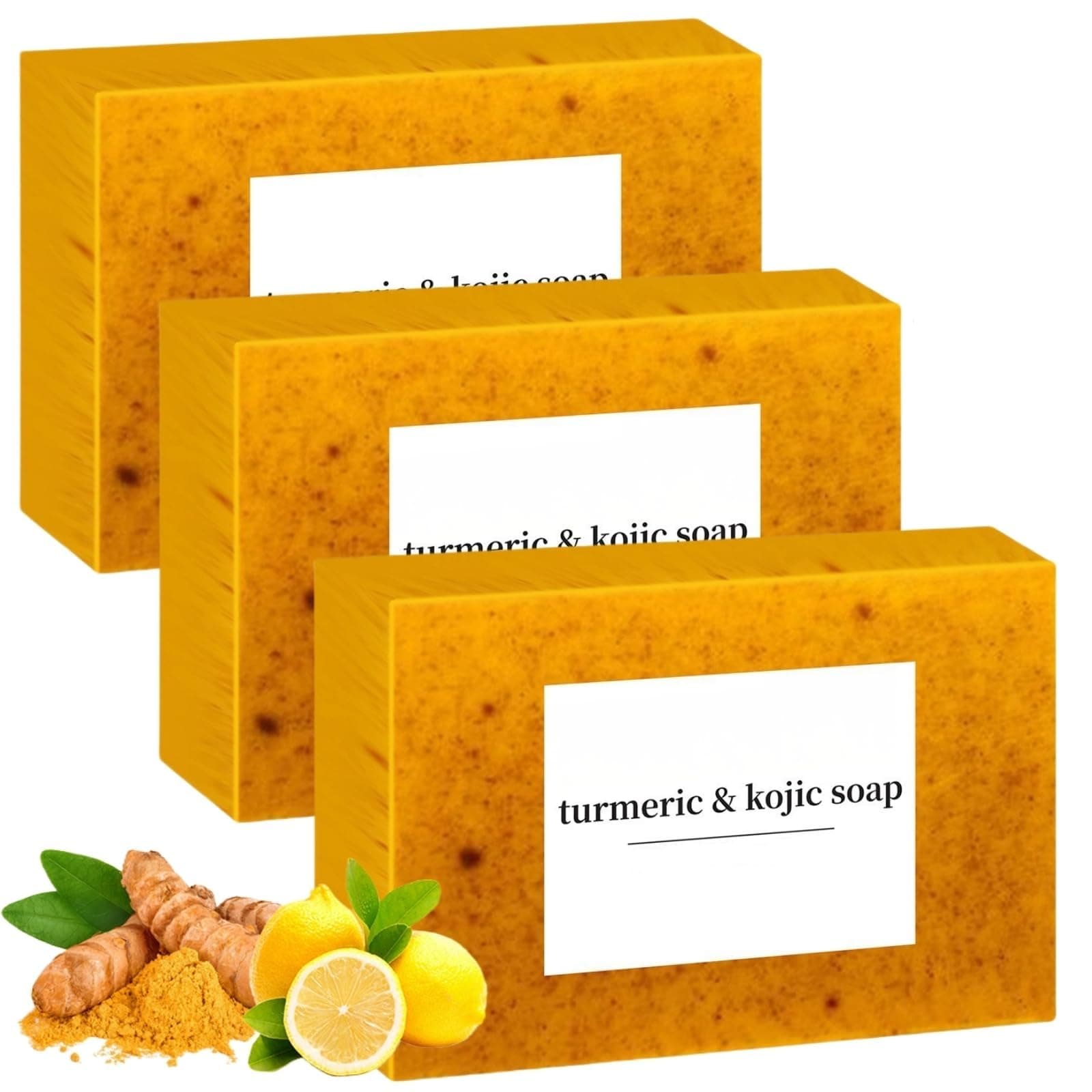Turmeric Soap for Spots Remover - Honey Lemon Turmeric Kojic Soap Bar for Face and Body, Organic Daily Use Skin Care Soaps, Evens Skin Tone Deep Cleansing Moisturizing (3pcs)