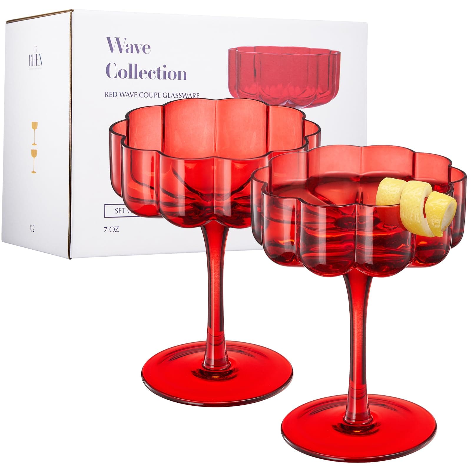 Khen Flower Vintage Wavy Glass Coupes Martini, Champagne & Cocktail Coupes - Set of 2-7oz Colorful Cocktail Glasses & Champagne, Prosecco, Mimosa Glassware Copyright Design - Crimson Scarlet