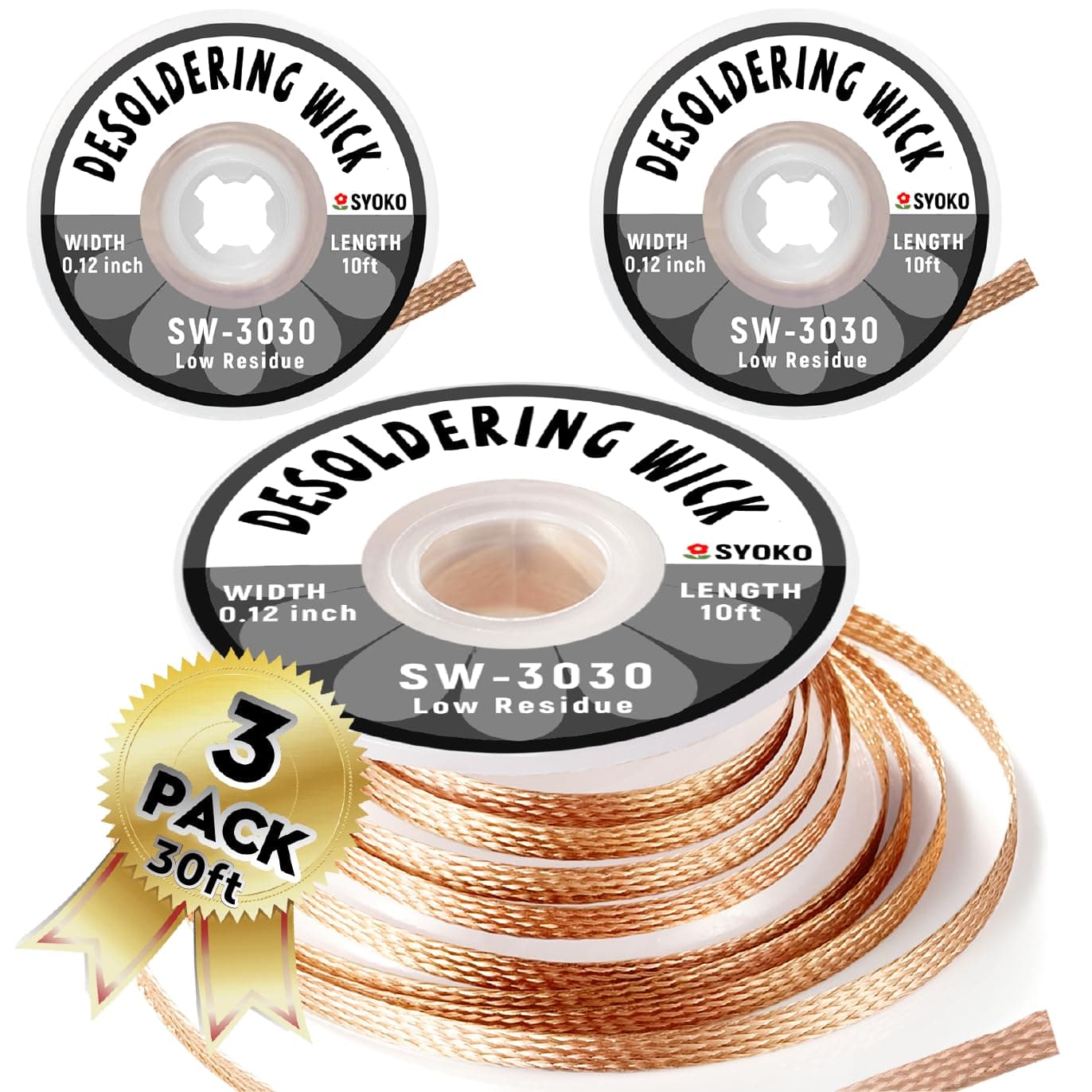 SYOKO 3 Pack Desoldering Wick, Braid Length 10ft/3M Width 3.0mm, No-Clean Solder Remover Wick, Used to Remove the Solder and Disassemble Electronic Components - (SW-3030)