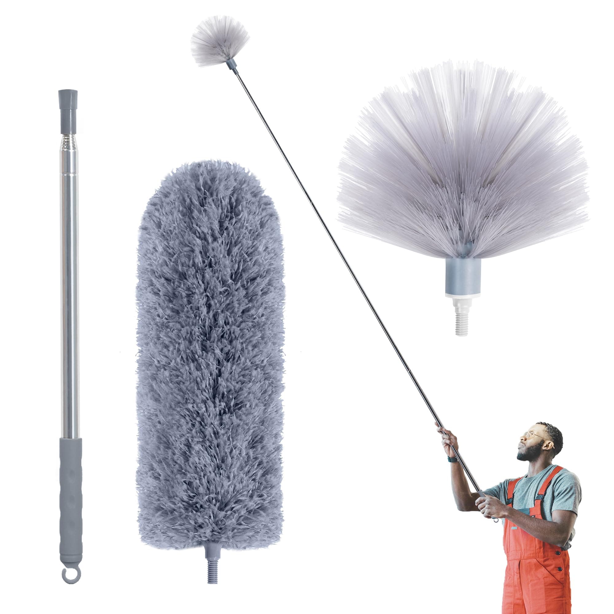 IVYROLL Cobweb Duster with Extension Pole, Spider Web Brush & Ceiling Cleaning Kit, 100" Microfiber Feather Duster Cleaner with Washable Head for Ceiling Fan, Furniture, Home