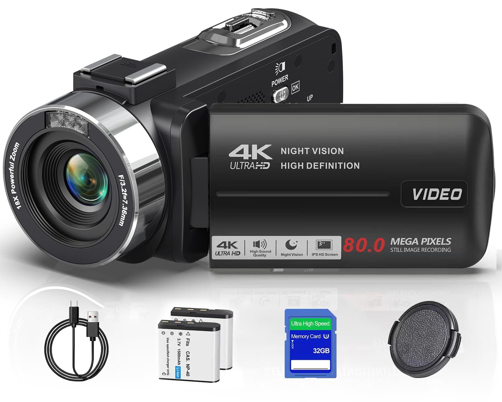 4K Camcorder Video Camera 80MP IR Night Vision Vlogging Camera for YouTube,18X Digital Zoom Camcorder Recorder 3.0" IPS 270° HD Screen with 32GB SD Card, Lens Cap and 2 Batteries