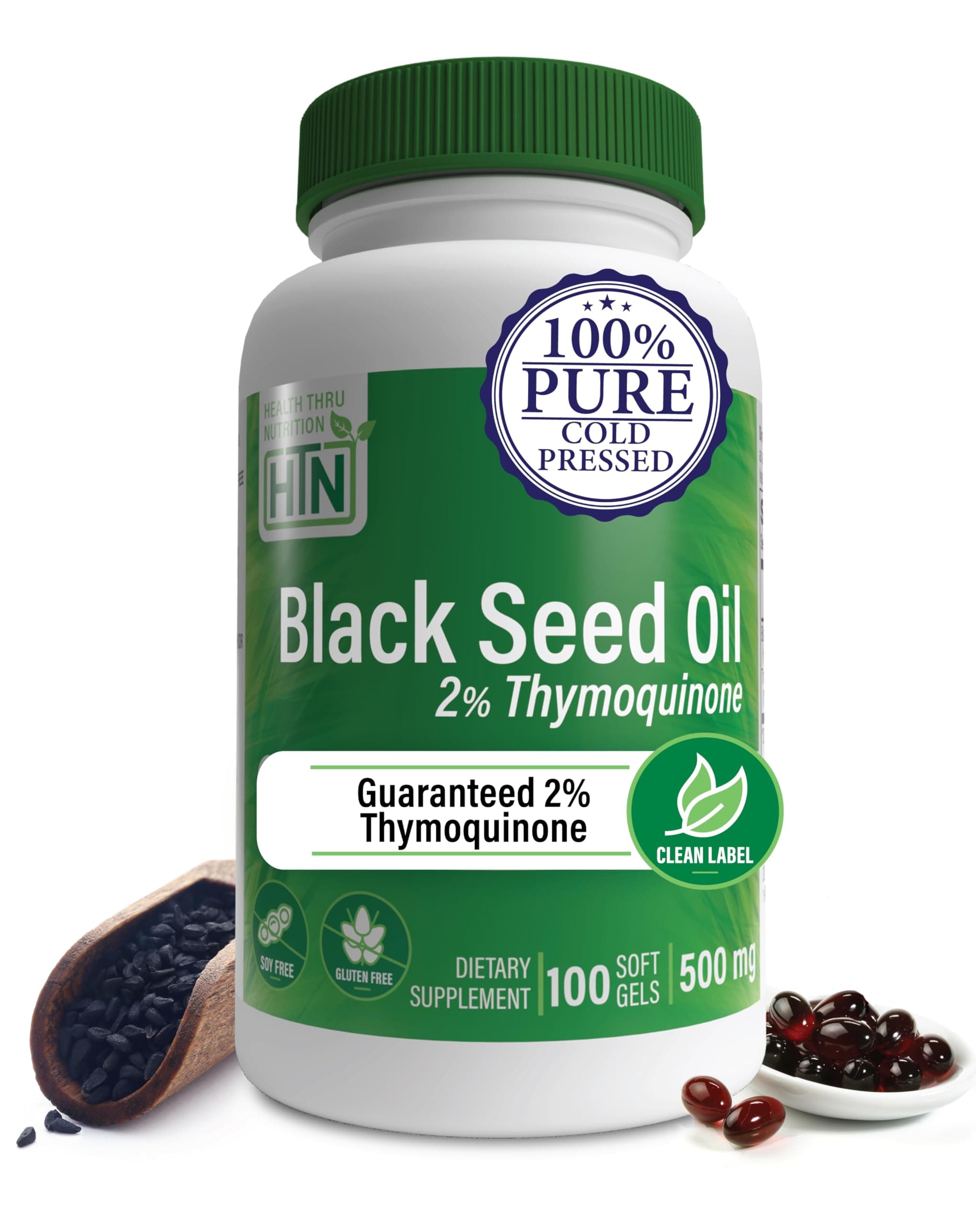 Black Seed Oil 500mg 2% Thymoquinone (10mg TQ per Serving) 100 Count 100% Pure Cold-Pressed - Soy-Free & Non-GMO by Health Thru Nutrition