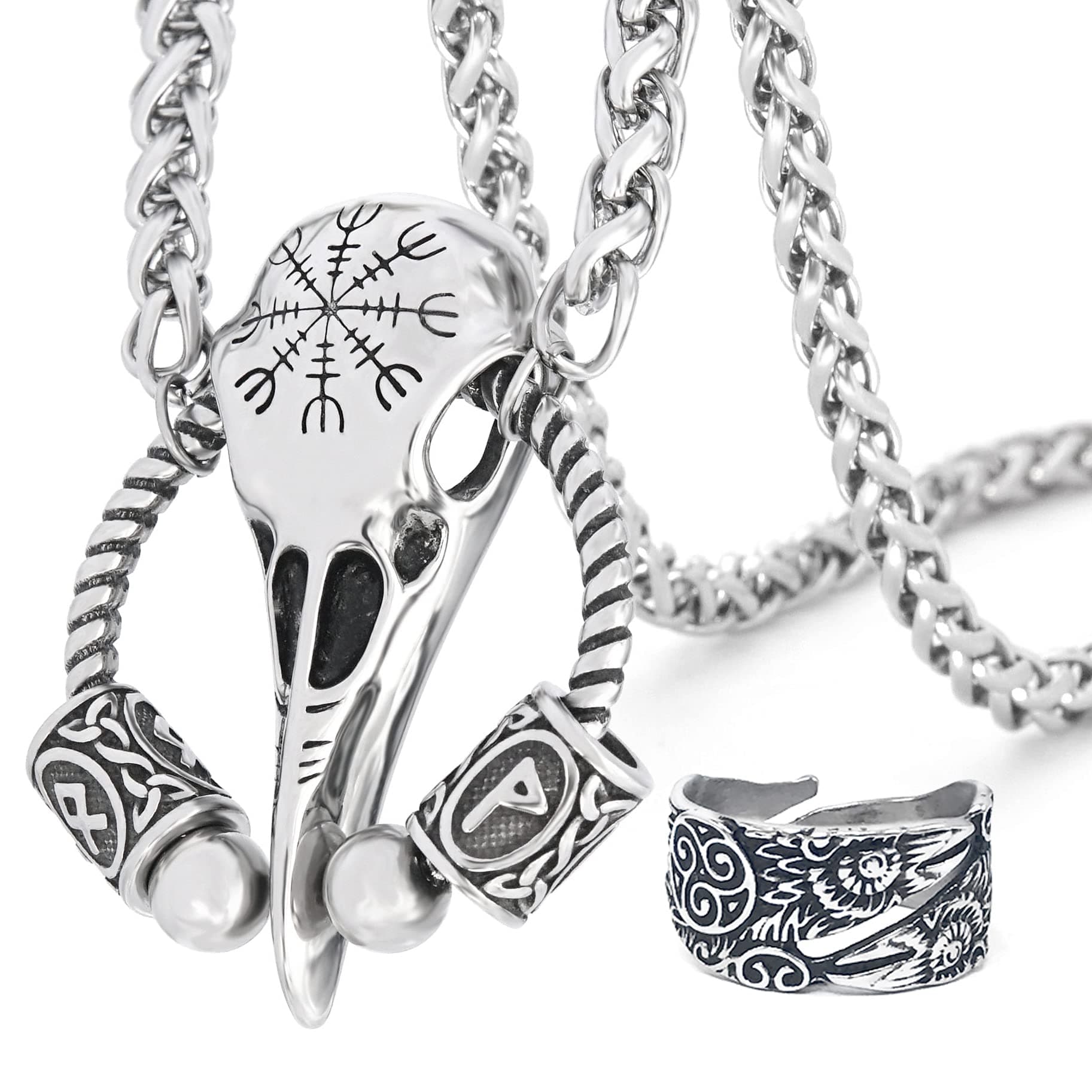 BAVIPOWER Runic Huginn Raven Skull Pendant Necklace with Aegishjalmur Helm of Awe Symbol Stainless Steel Norse Scandinavian Necklace Authentic Viking Jewelry