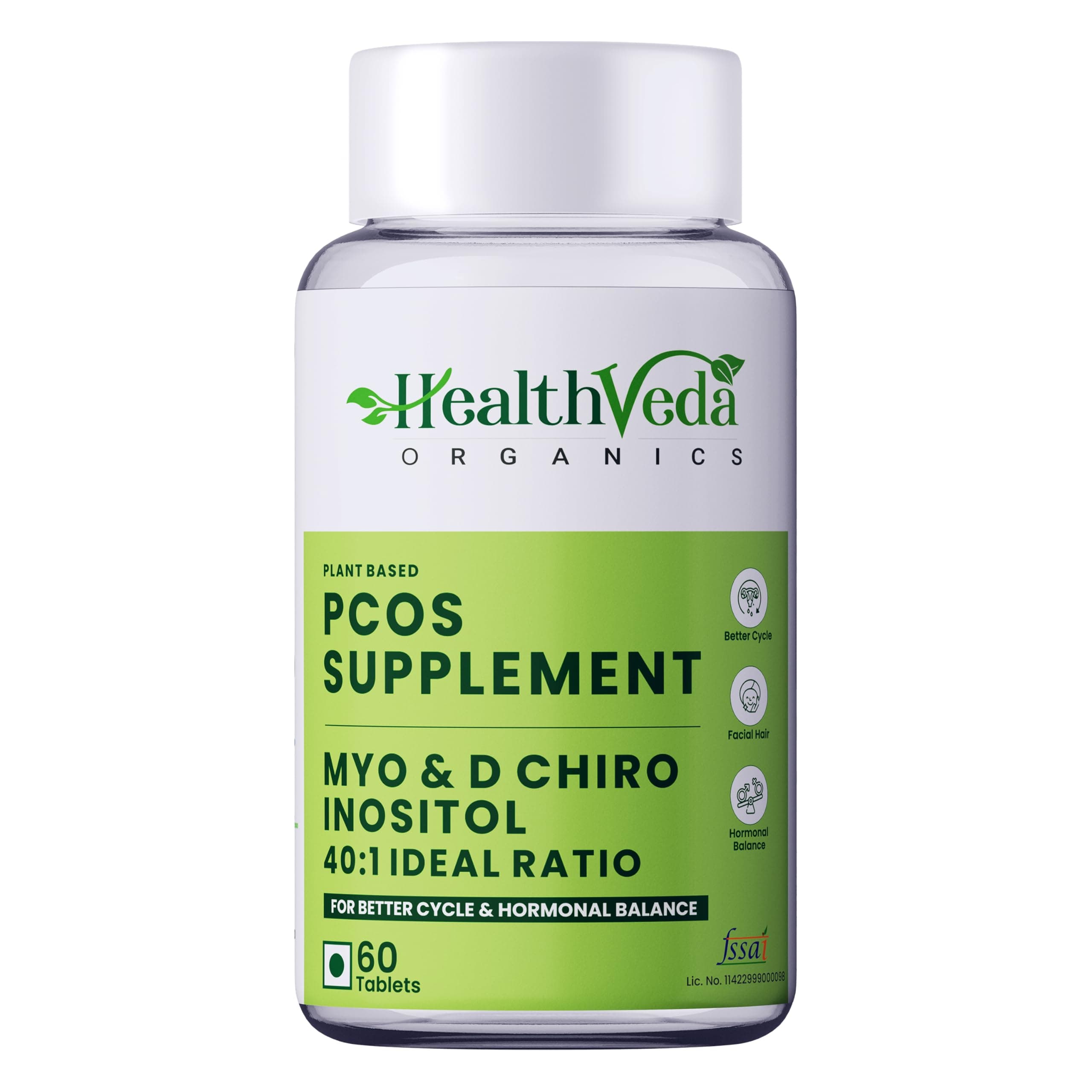 Health Veda Organics PCOS Support Supplement for Women | Myo-Inositol + D-Chiro Inositol 40:1 | 60 Plant-Based Veg Tablets | Support Regular Menstruation