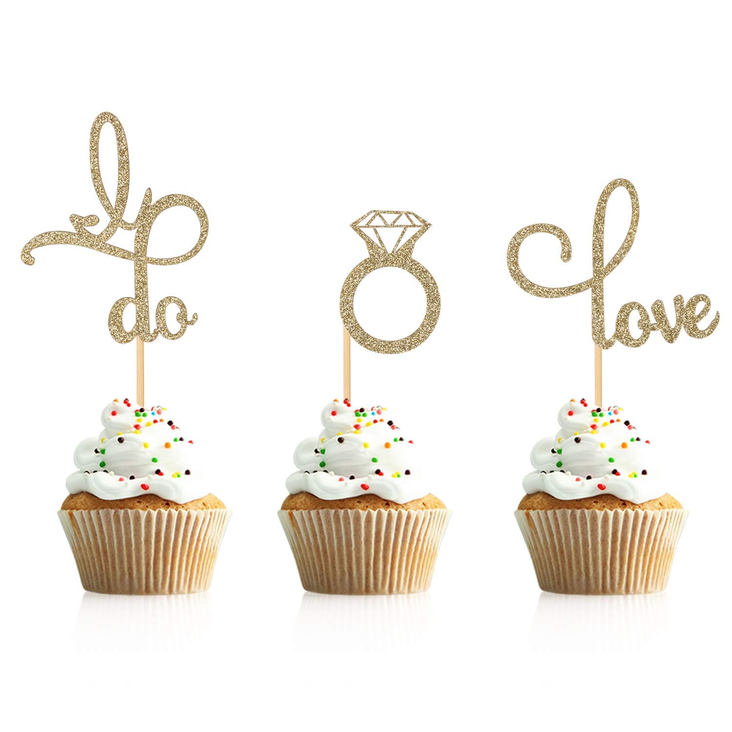 Donoter 48 Pcs Gold Glitter Diamond Ring Love I Do Cupcake Topper Picks for Wedding Engagement Party Cake Decorations
