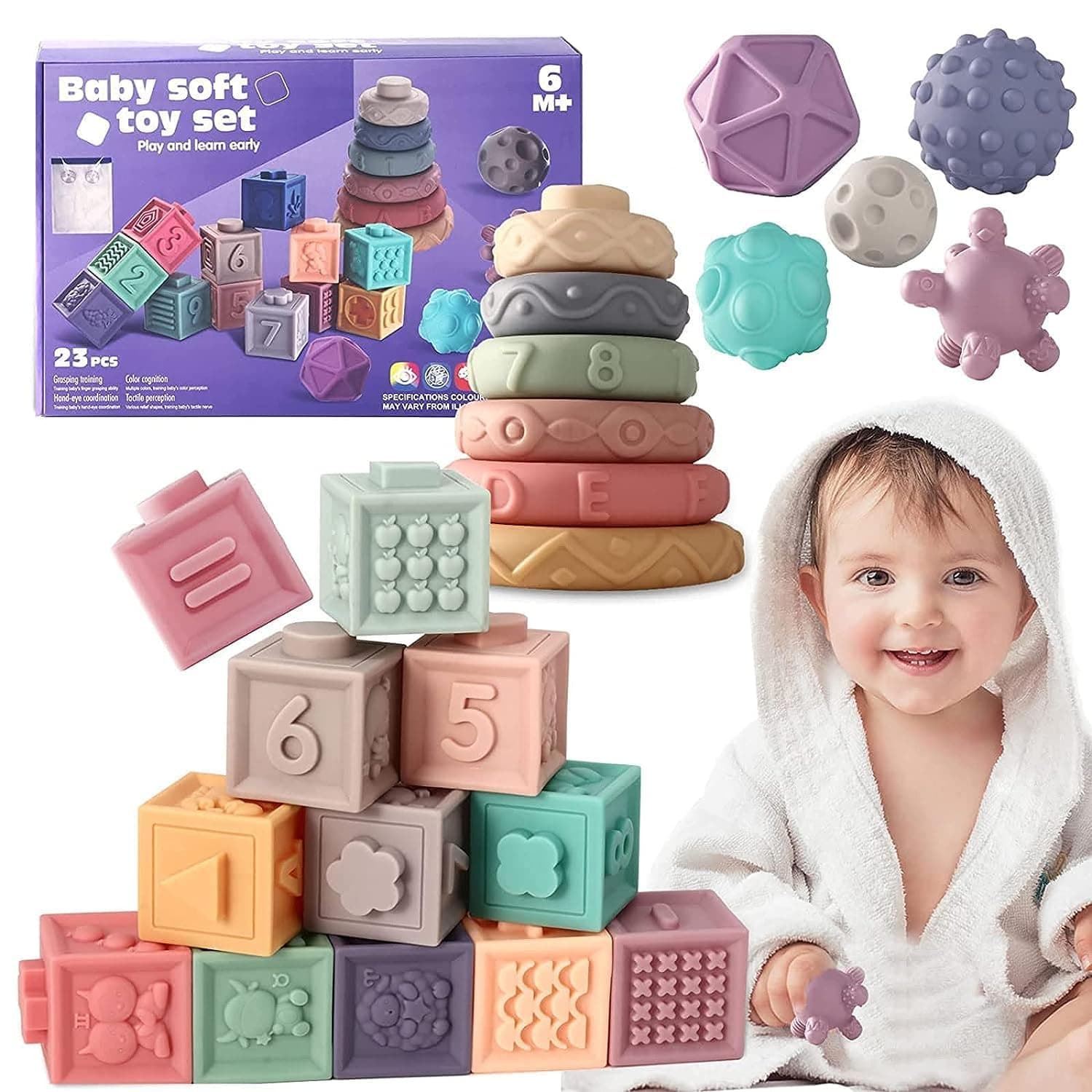 Toyby Baby Toys 6-12 Months,Baby Soft Stacking Blocks,Montessori For Babies Sensory Months Educational Building Blocks Teething 0-6