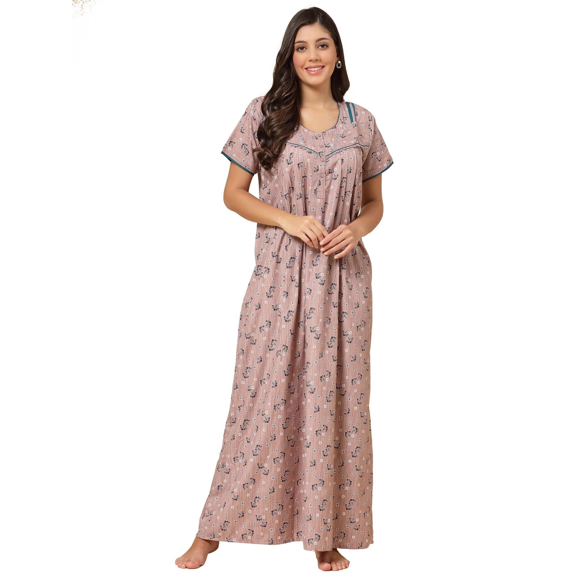 Sweet Dreams Women Floral Print Half Sleeves Cotton Blend Maxi Nightdress Light Wine