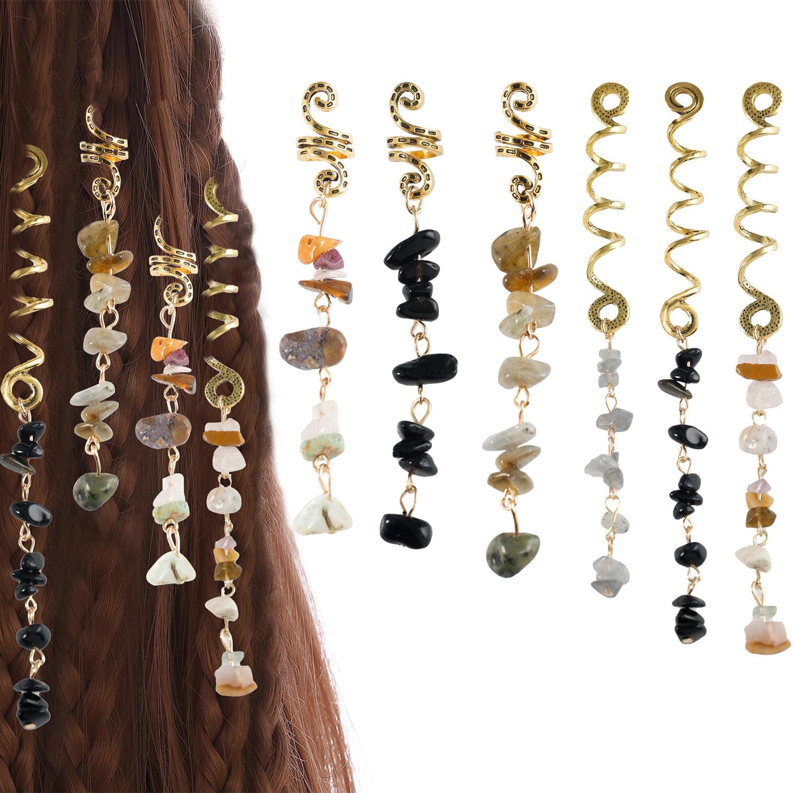 FRDTLUTHW Hair Jewelry Dreadlock Accessories, Natura Stone Hair Charms for Braids, Hair Ring Crystal Hair Accessories for Women(Black, pack of 6)