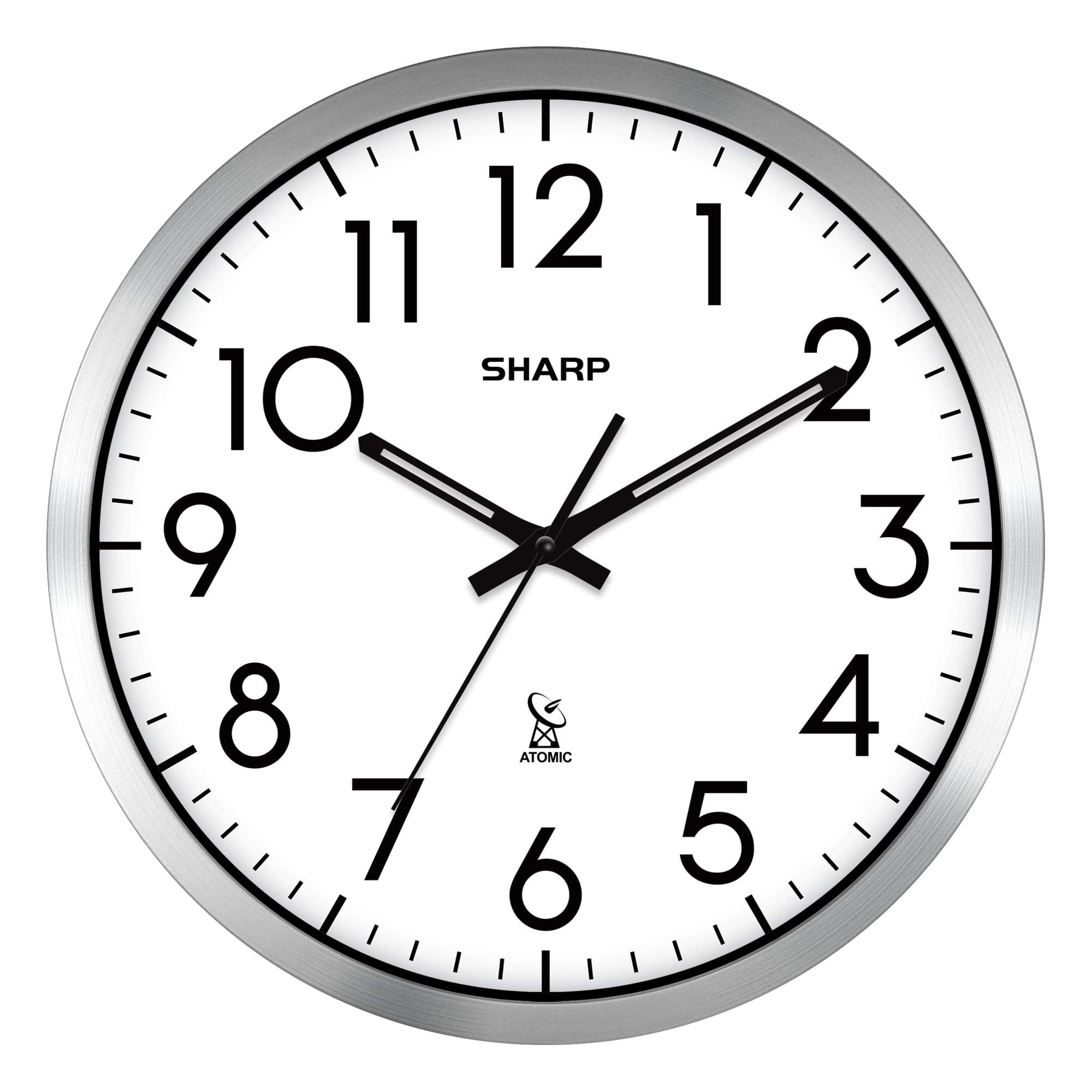 Sharp Atomic Analog Wall Clock - 12" Silver Brushed Finish - Sets Automatically- Battery Operated - Easy to Read - Easy to Use: Simple, Easy to Read Style fits Any Decor