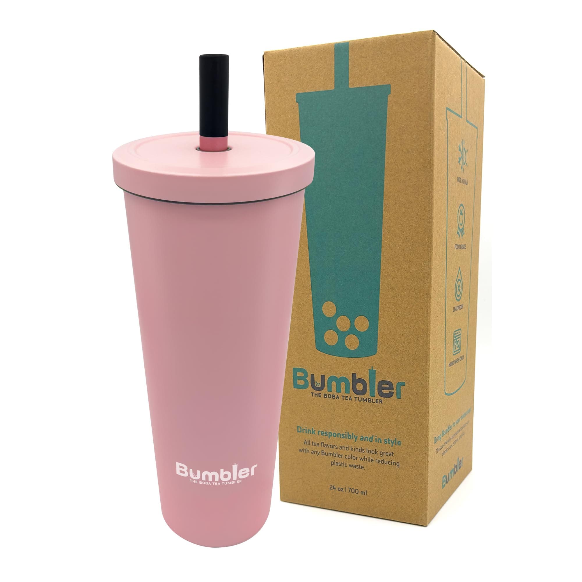 Stainless Steel Bubble Tea Cup - Bumbler 24oz Large Reusable Eco-Friendly Tumbler with Wide Soft Tip Metal Straw, Leak-Proof Lid - Perfect for Boba, Smoothies, Iced Coffee, Hot or Cold Drinks - Pink