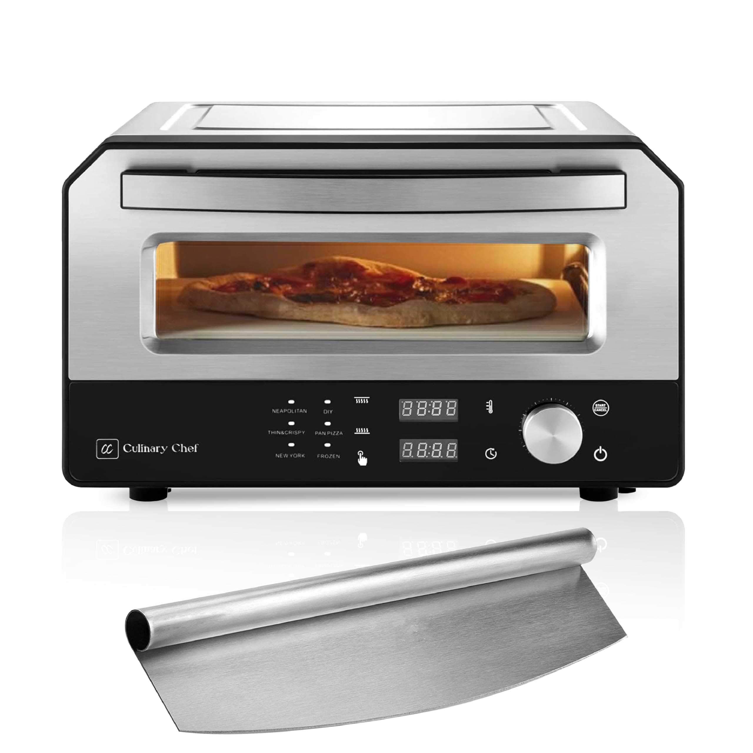 Indoor Pizza Oven with Rapid Cooking, 3 Heat Modes, X-Large Rack, Dual Temperature Control, Preset Functions, Cutter, and Removable Stone, Stainless Steel