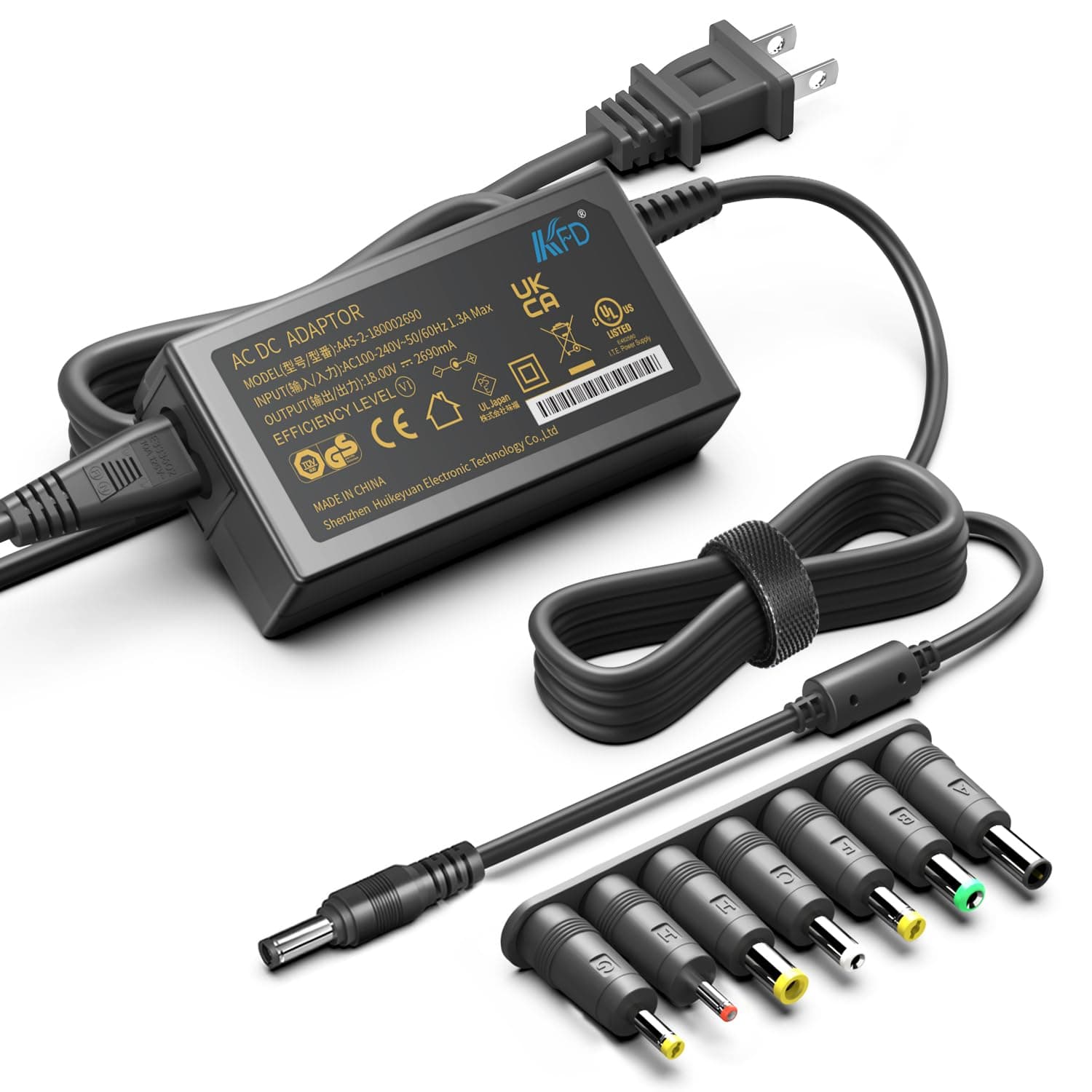 KFD 18V Universal AC Power Charger DC 2.69A (2.5A/2A/1.5A/1A Compatible) Barrel DC Plug 5.5x2.1mm with 7 Tips 6.5x4.4mm/ 5.5x3.0mm/ 5.5x2.5mm/ 4.8x1.7mm/ 4.0x1.7mm/ 3.5x1.35mm/ 2.5x0.7mm Power Supply