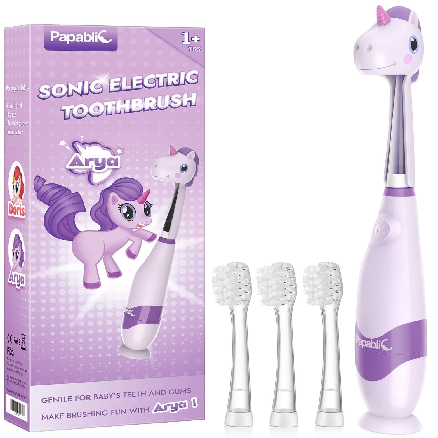 PapablicToddler Sonic Electric Toothbrush Kids for Ages 1-3 Years, Baby Electric Toothbrush with Cute Unicorn Cover and Smart LED Timer, 4 Brush Heads (Arya)