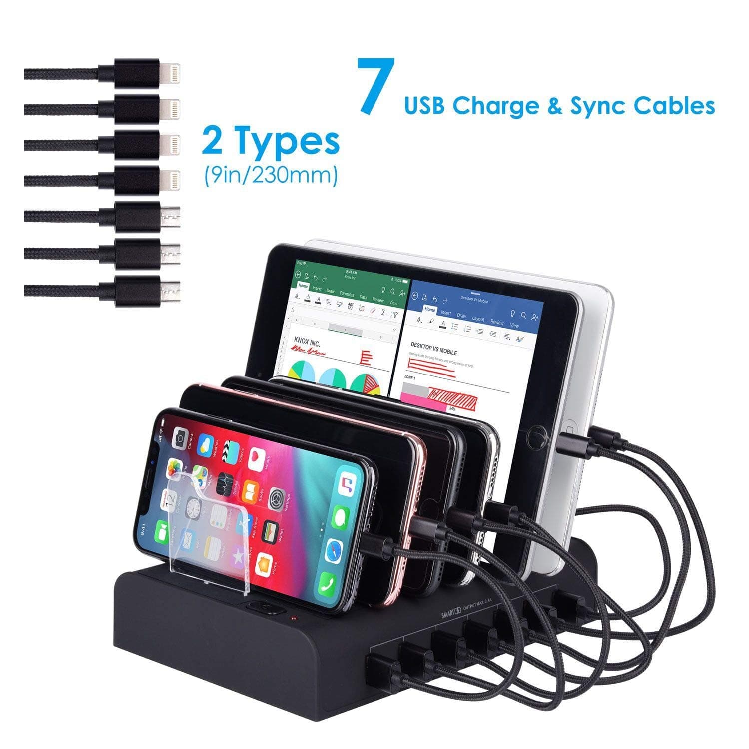 7 Port USB Charging Station Multi Device USB Charging Dock Station HUB Desktop Charging Stand Organizer Compatible for iPhone ipad Airpods iwatch Kindle Tablet Multiple Devices