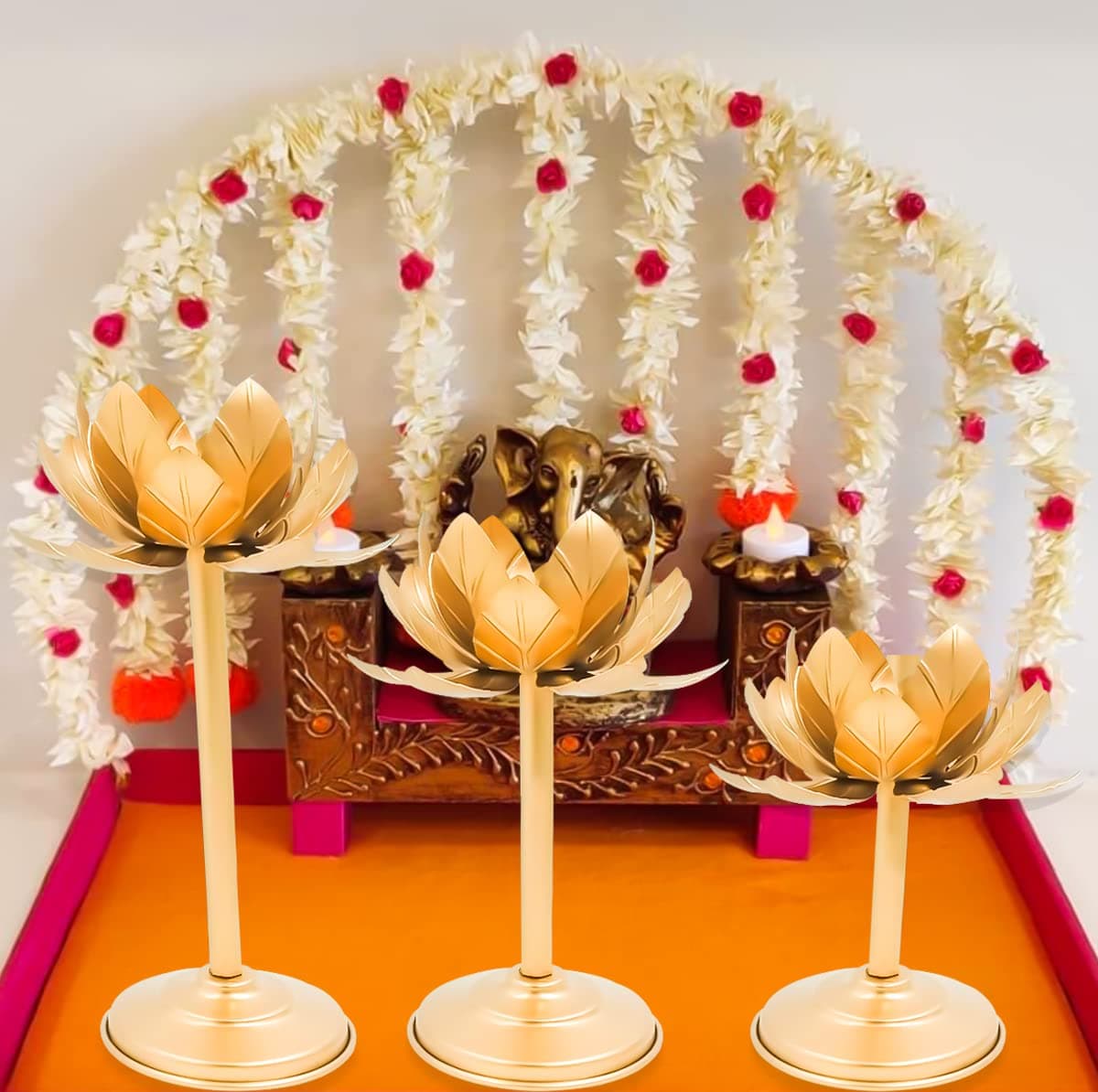 Easyera Golden Tealight Holder Stylishly Shaped Lotus Candle Holder Stand Metal Beautiful Design Home Decoration Festival Occasions Iron Tealight Holder Size 12,10,8 Inch (Set of 3 Gold)