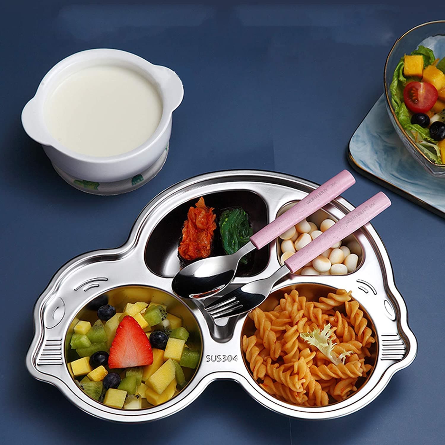 Stainless Steel Divided Meal Plate Tray-3 Compartments Dinner Dish for Baby- Toddler- Kids Eating Food- Car Shape