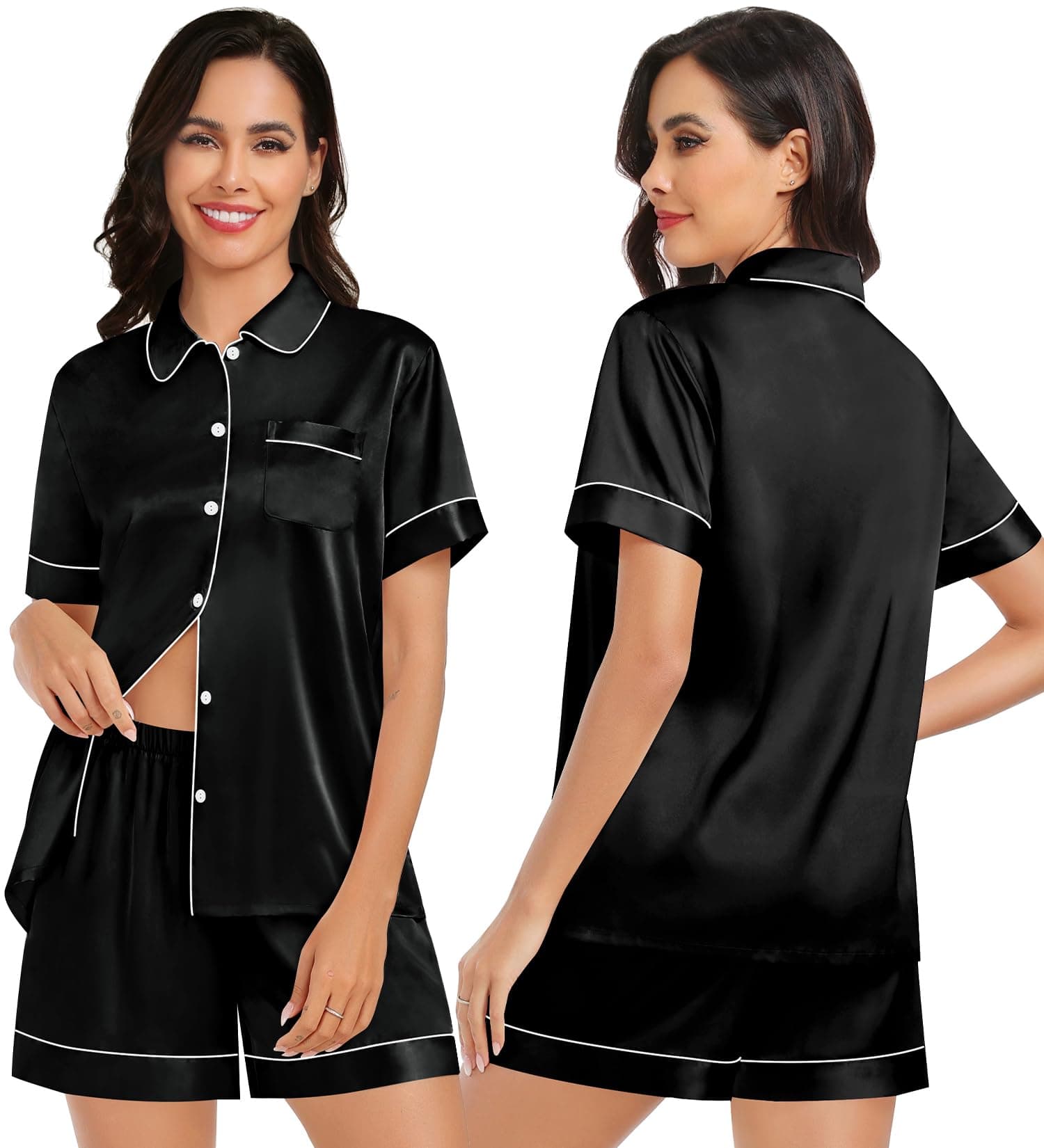 LecGeeWomens Satin Silk Pajamas Set Short Sleeve Button Down Top and Shorts Sleepwear Lounge Set 2 Piece Pjs Set S-XXL