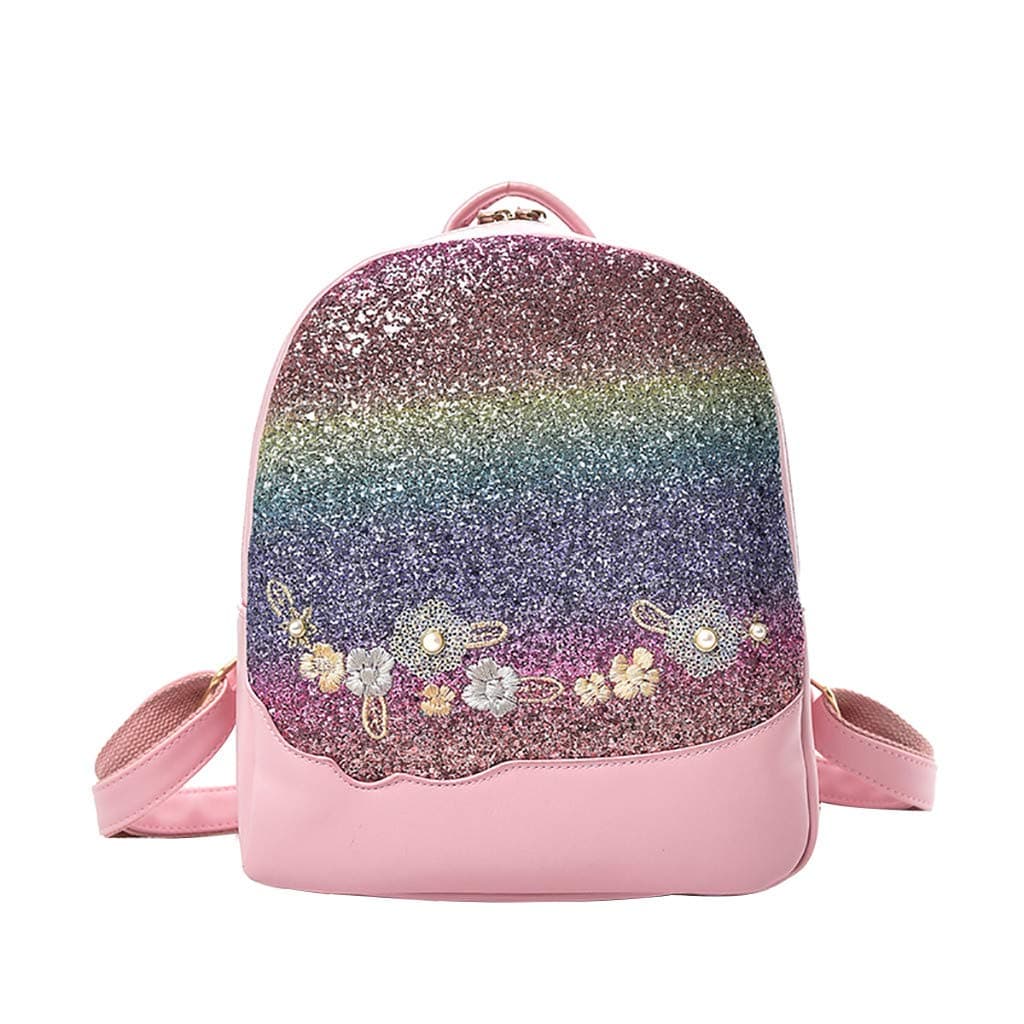 Lazzboy BagWomen Girl Flower Sparkly Glitter Sequin Backpacks Student Bags School Daypack