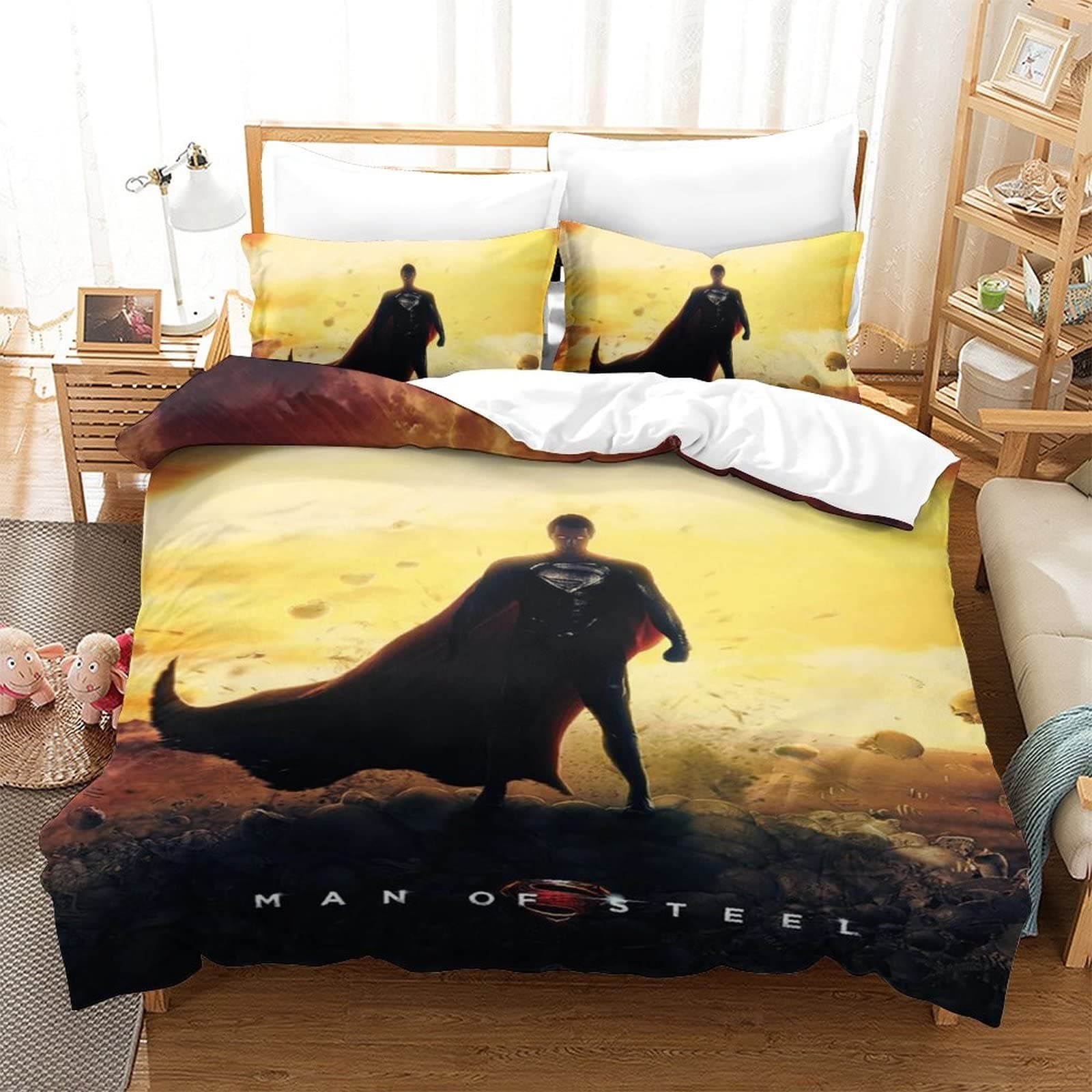 3D Printed Bed Quilt Cover Superman Iron Man Duvet Cover Set Double Printed Quilt Cover Soft Microfiber (Single size 135x200cm, 1 quilt cover + 1 pillowcase)