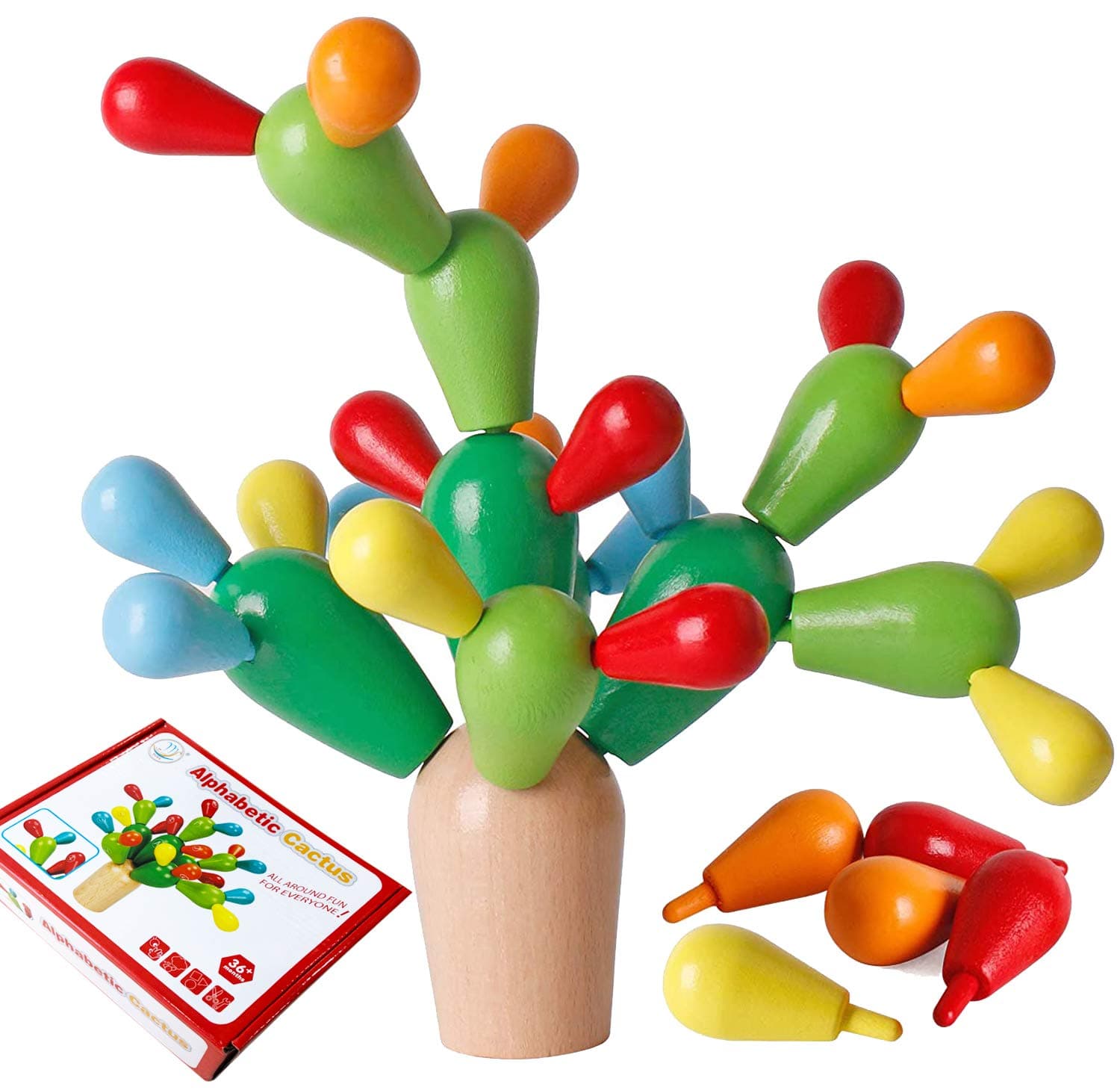 SGVV90Wooden Balancing Cactus Travel Size,Made from Rubberwood and Non-Toxic Paints and Dyes,Fun and Educational Activity Puzzles Montessori Toys for 4-8 Year Old Toddler Kids