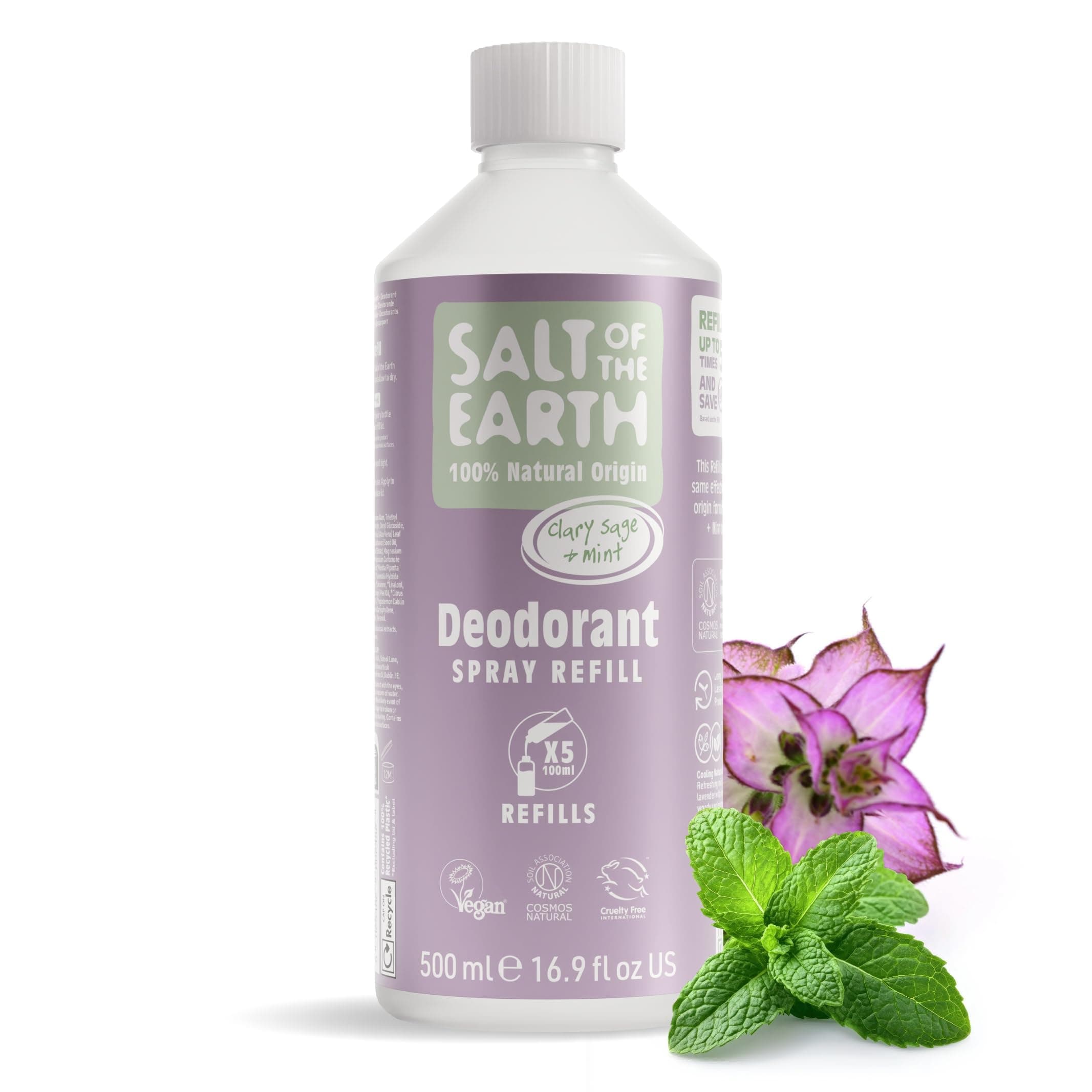 Salt of the Earth - Natural Deodorant Spray Refill - Clary Sage & Mint - 100% Natural Origin Ingredients - Vegan - Suitable for Men, Women & Children - 500ml