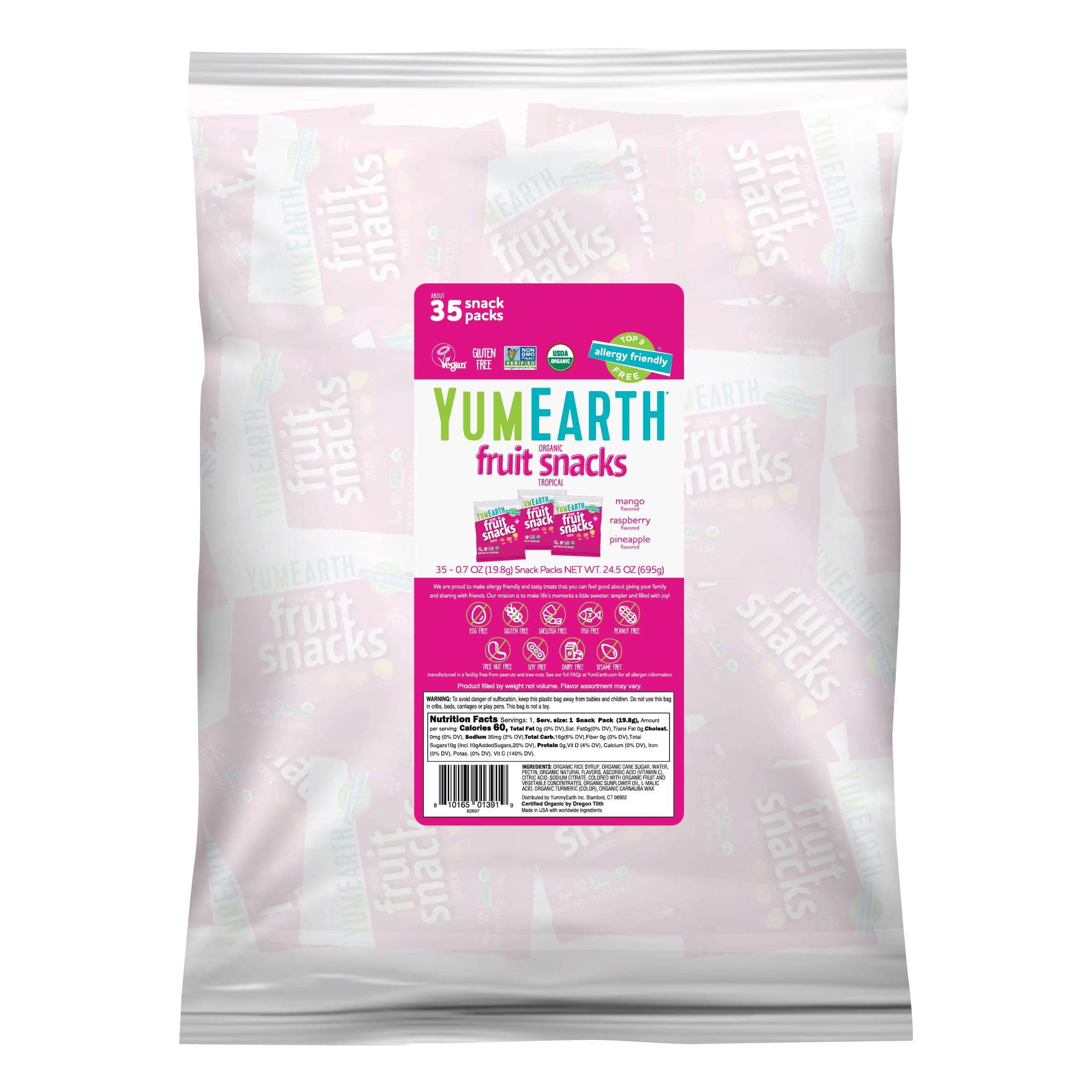 YumEarth Organic Tropical Fruit Snacks (Pack of 35) - 0.7 Ounce Snacks Packs - Non GMO, Gluten Free, Vegan, Dye Free - Pineapple, Raspberry, Mango