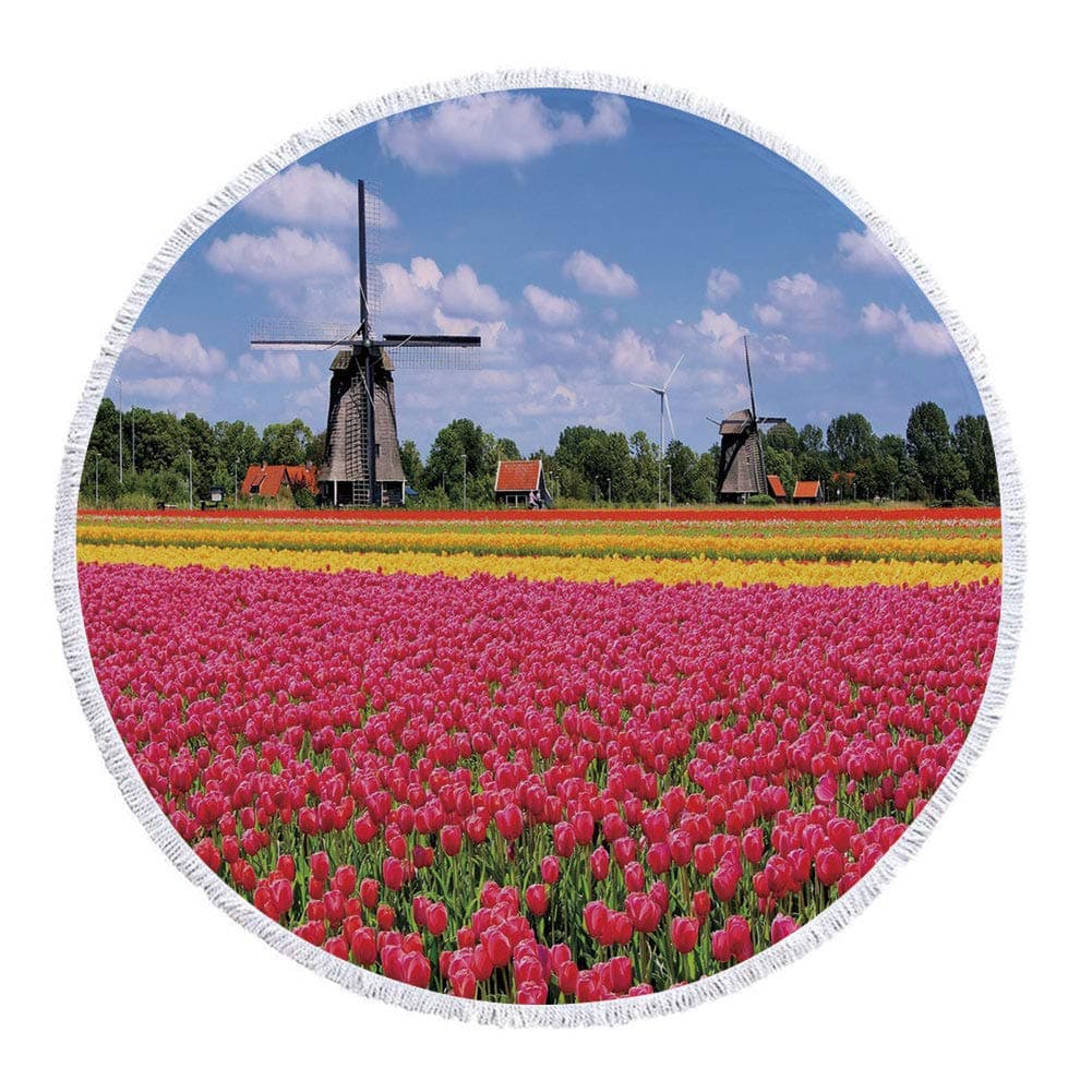 iPrint Thick Round Beach Towel Blanket,Windmill Decor,Colorful Pink Tulips Fresh Springtime Field European Historic Traditional Decorative,Multicolor,Multi-Purpose Beach Throw