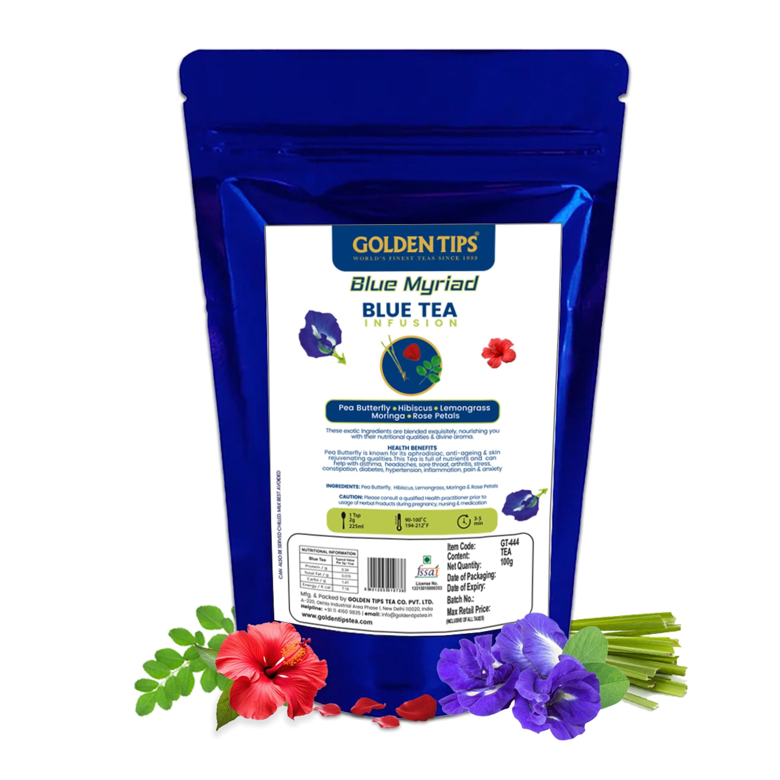 Golden Tips Blue Myriad Infusion Tea, Dried Butterfly Pea Flower, Premium Zipper (100gm-50 cups)