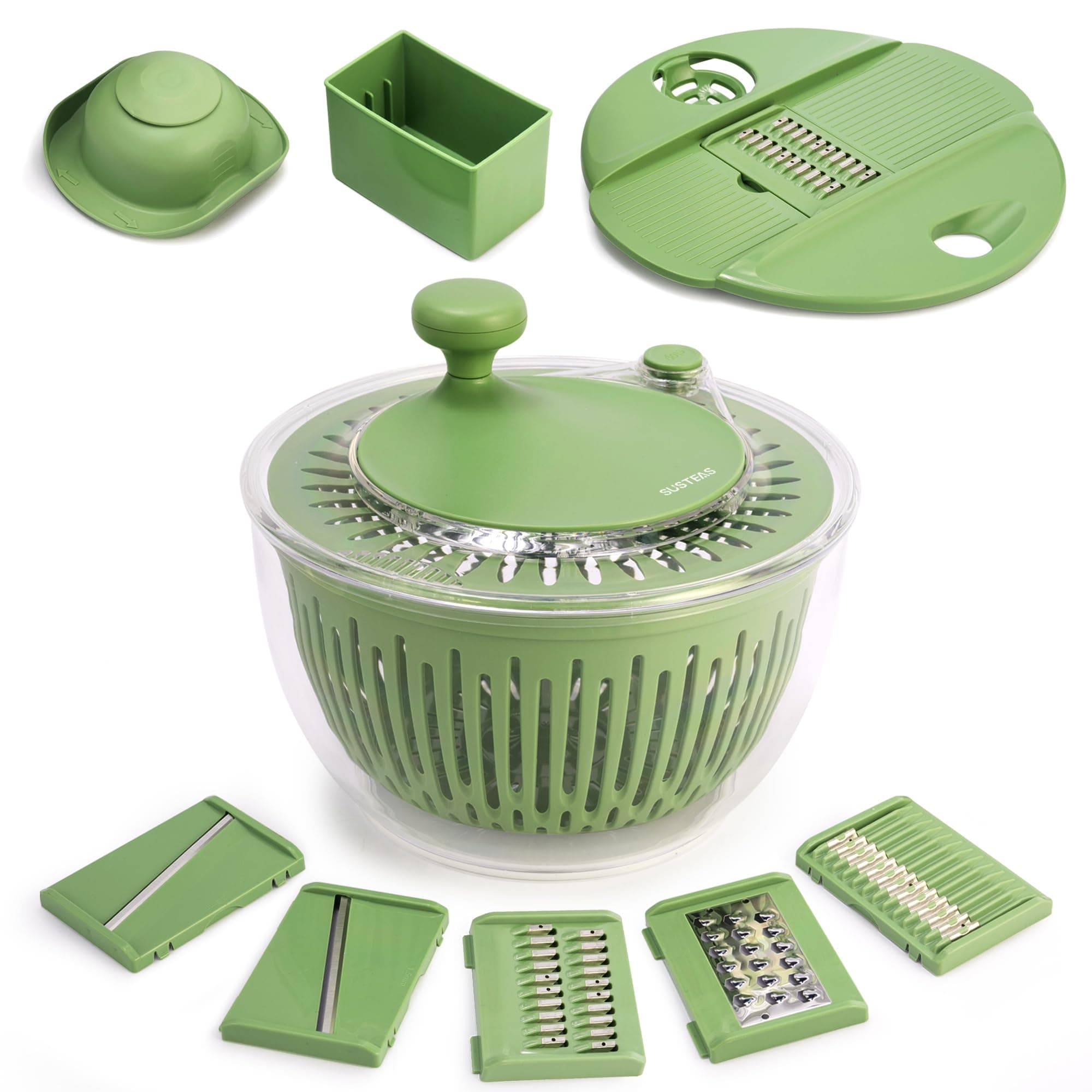 SUSTEAS Salad Spinner Large, Vegetables Wash Bowl, Fruits & Herb Lettuce Dryer with 5 Blade Slicer Egg Yolk Strainer Shredder for Efficient Salad Preparation and Food Washing, 4.25Qt