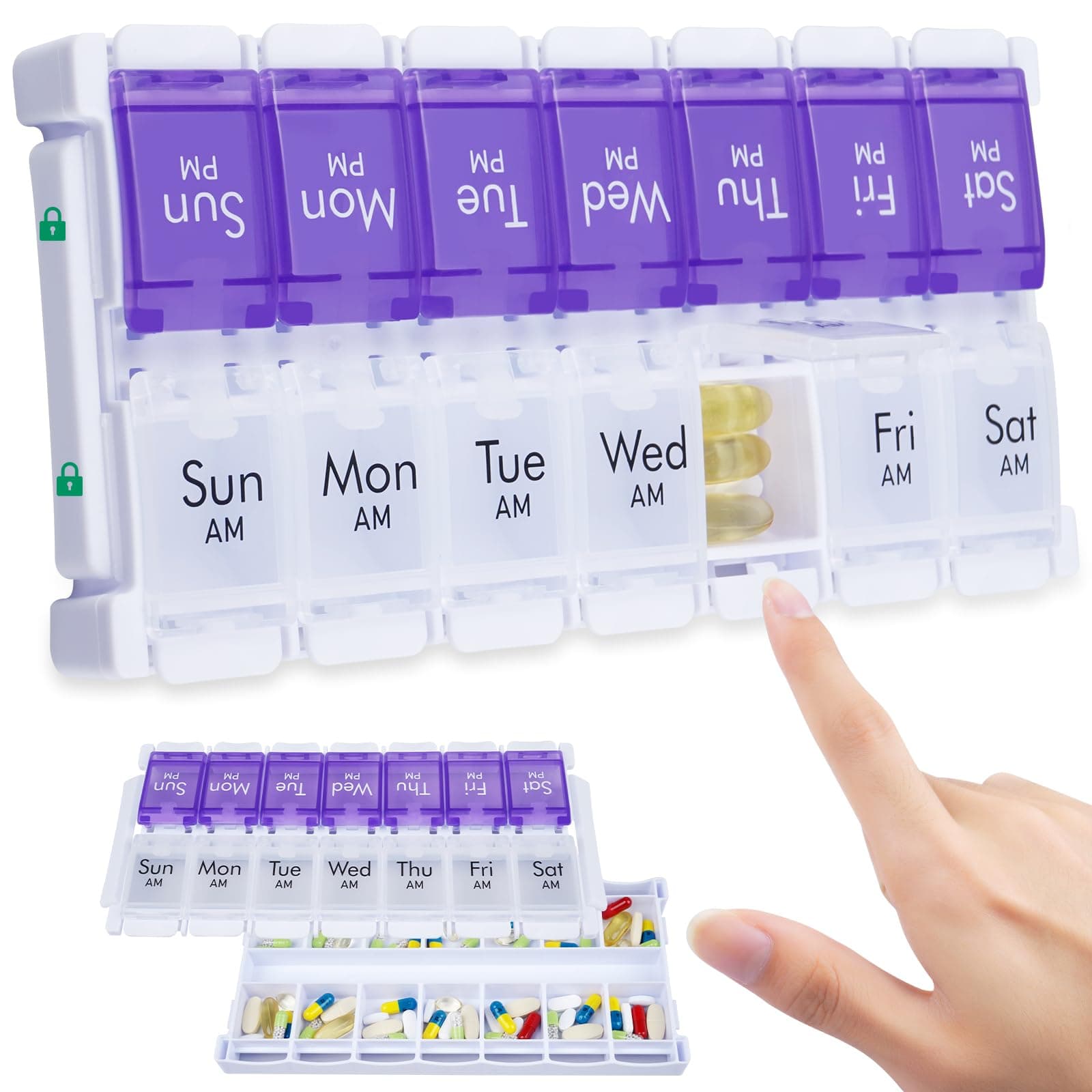 Weekly Pill Organiser 2 Times a Day, Easy Fill Large Pill Box 7 Day, Am Pm Medicine Organiser, Push Button Daily Pill Case for Vitamin, Fish Oil, Supplements