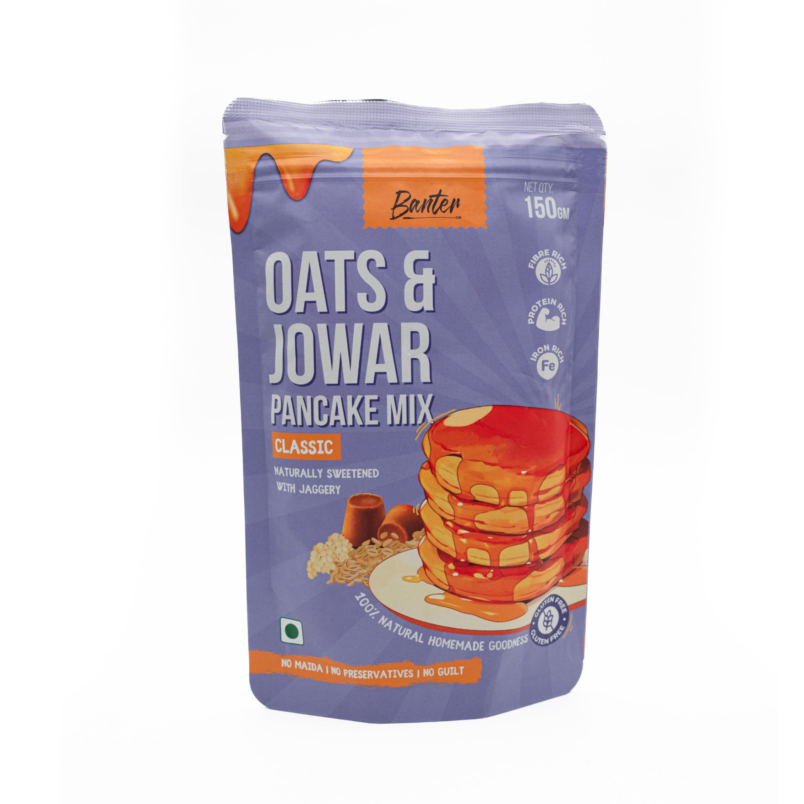 Oats & Jowar Pancake Mix – 100% Natural, Jaggery-Sweetened, Gluten-Free, No Maida, No Preservatives, Fiber, Protein & Iron Rich, Homemade Goodness (150, Classic)- pack of 1