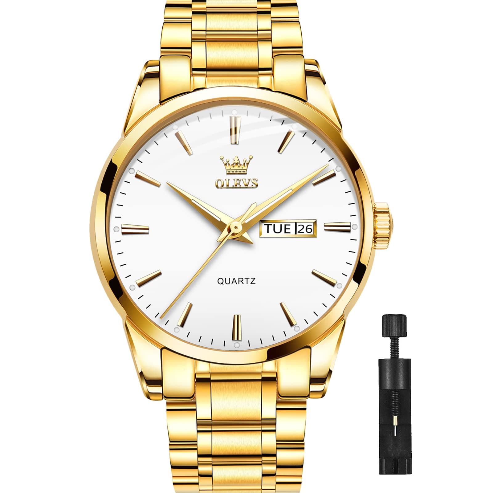 Gold Steel Watches for Men,Date Day Man Watch,Gold Men Watch White,Gold Waterproof Watch Men,Dress Watch for Men,Fashion Gold Wrist Watch for Men,Men Watches Luxury,Luminous Male Watch,OLEVS Watch Men