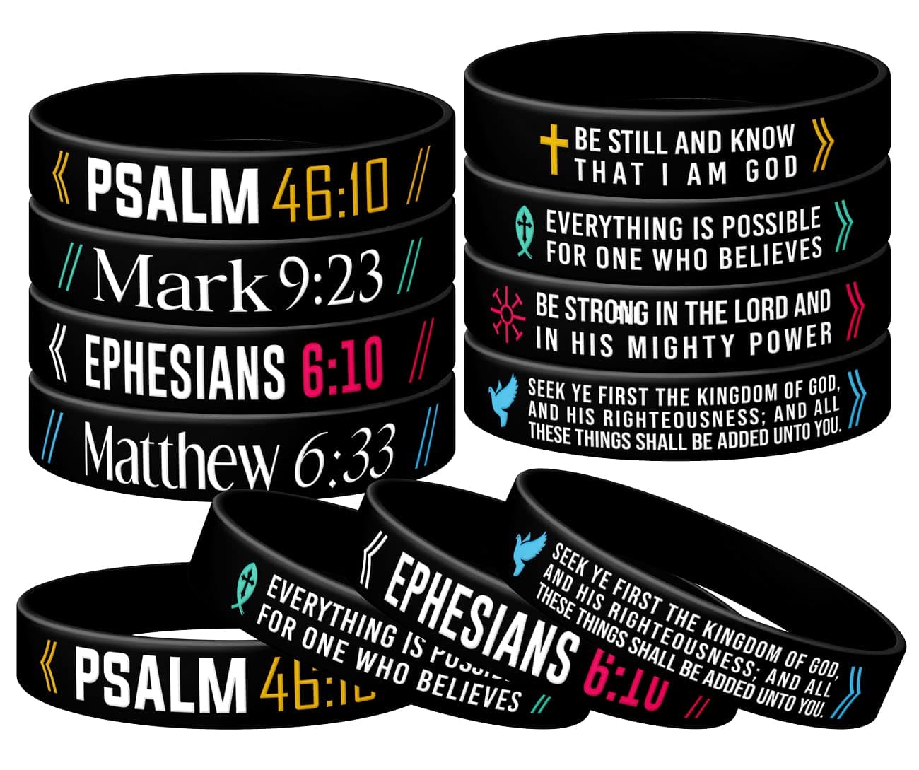 (12-Pack) Christian Silicone Wristbands Bible Verse Rubber Bracelets, Psalm 46:10, Mark 9:23, Ephesians 6:10 and Matthew 6:33, Rubber Wristbands for Religious Party Favors, Gifts for Christian