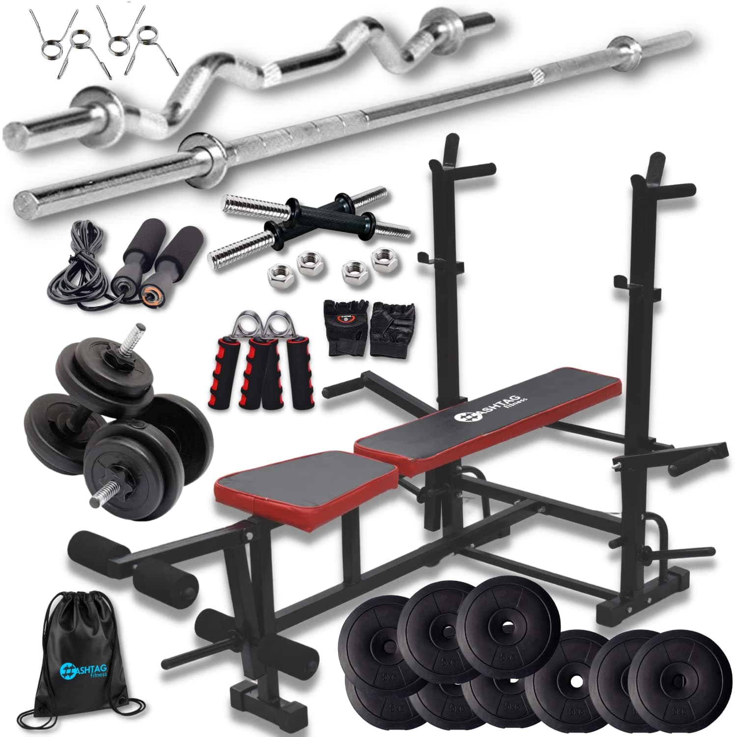 HASHTAG FITNESS 10kg to 60kg Gym Equipment Set for Home Workout Dumbbells Set for Home Gym for Home with 8in1 Gym Bench for Home Workout (50kg) Black