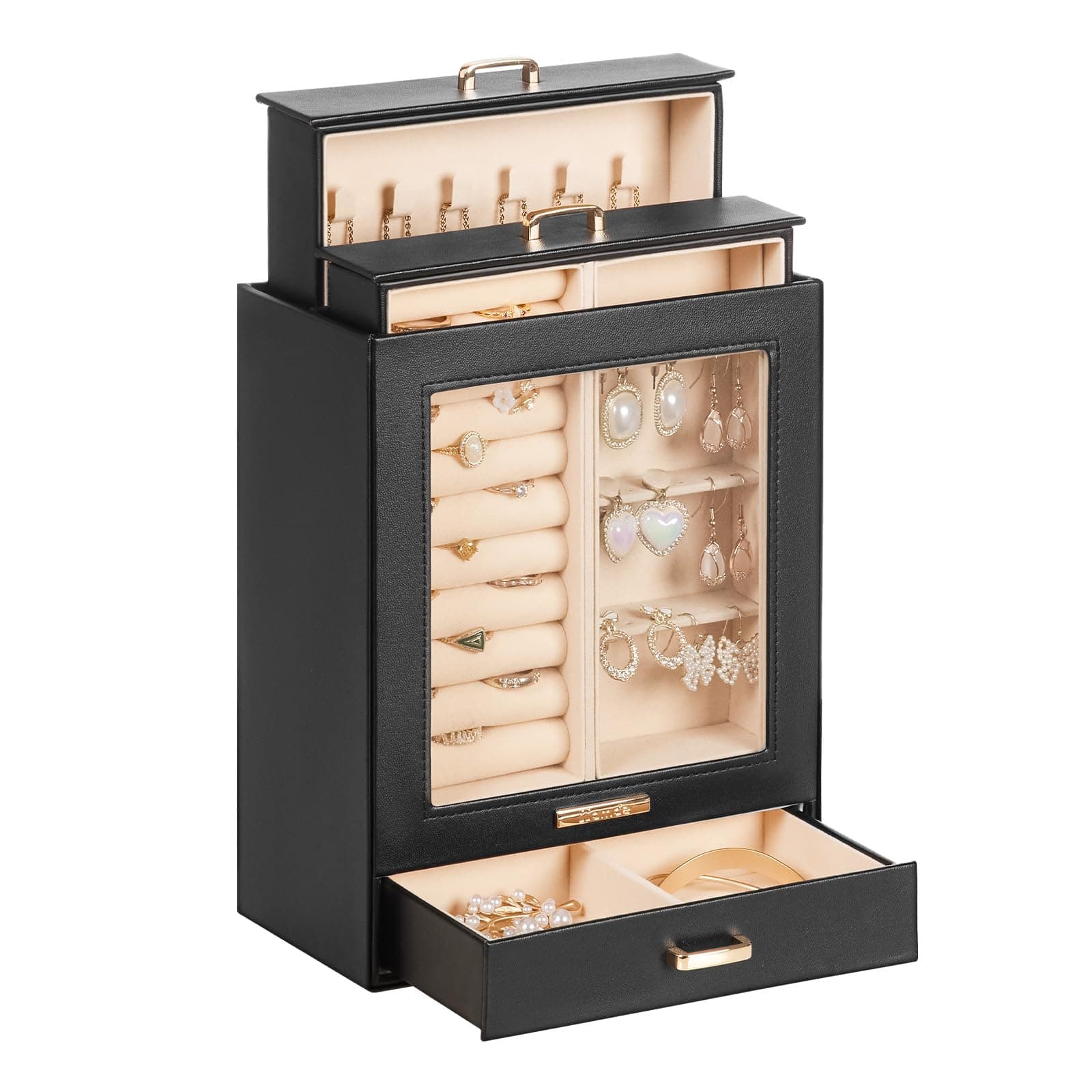 Homde Jewelry Organizer Girls Women Jewelry Box for Necklaces Rings Earrings Gift Bracelets Storage Case (Black + Gold)