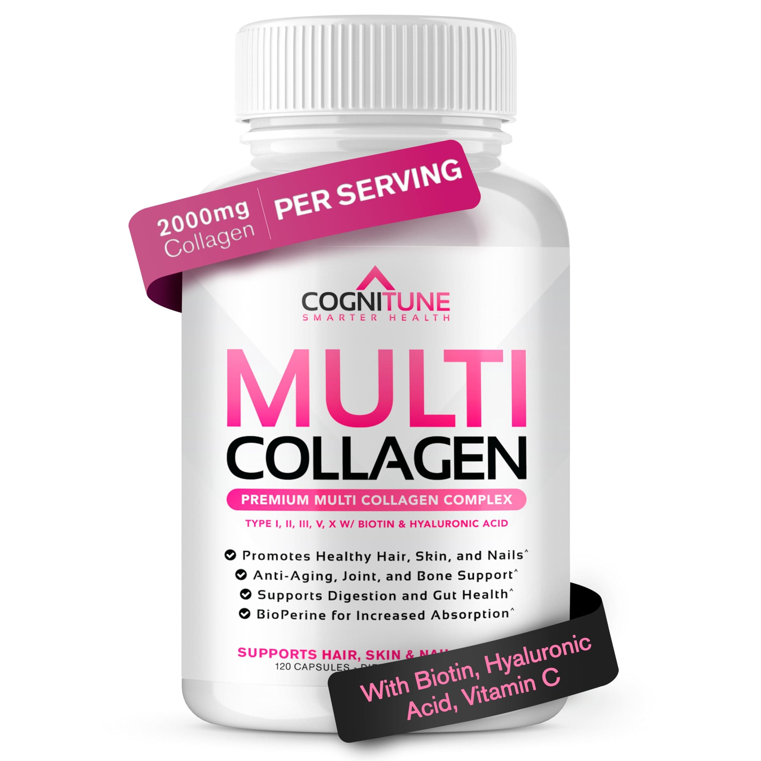 CogniTune Multi Collagen Peptides for Women with Biotin, Hyaluronic Acid, Vitamin C - 5 Types I II III V X Colageno Hidrolizado - 2000mg Hair Skin Nails Joints Support - 120 Capsules