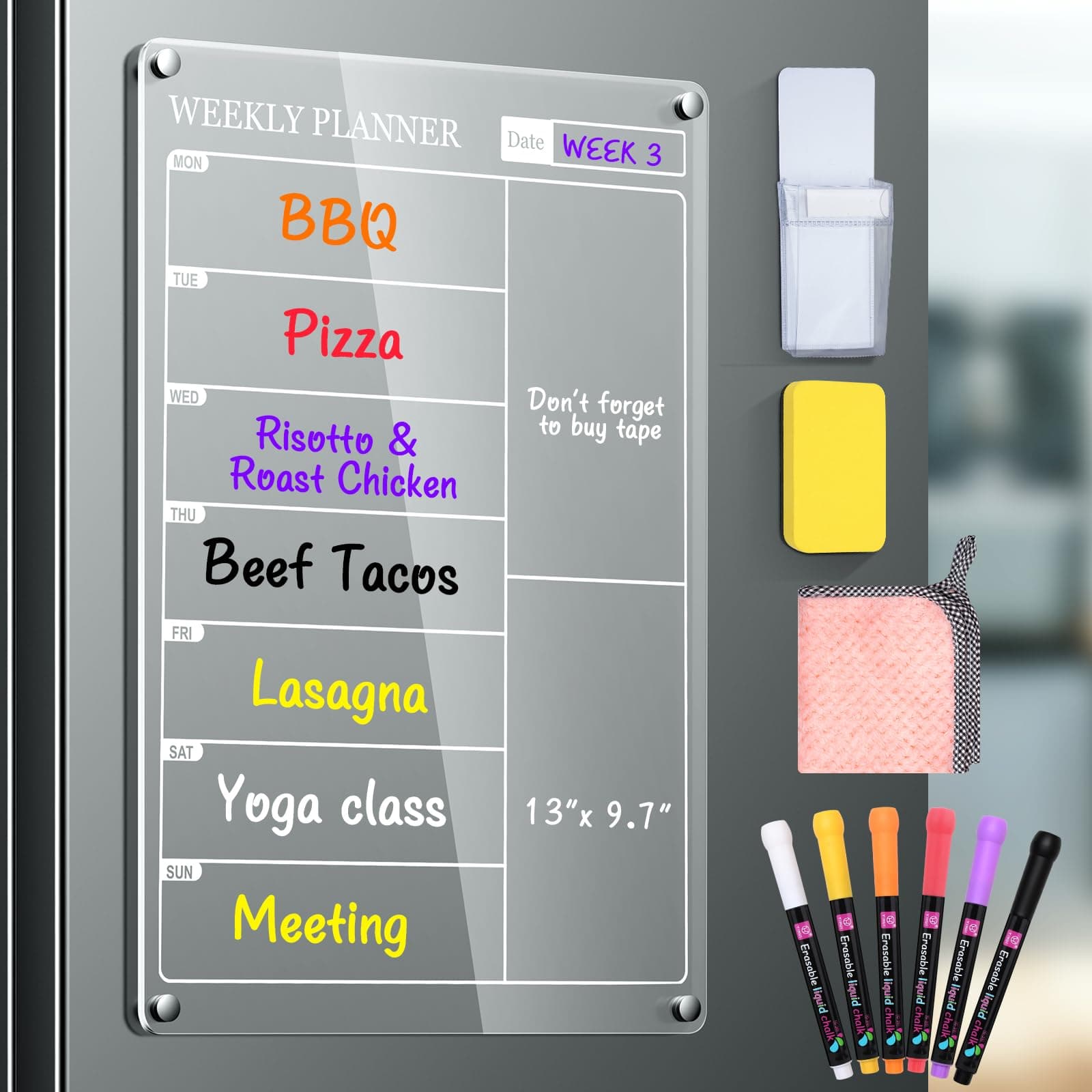 AccworkMagnetic Fridge Planner, 13''x9.7'' Reusable Weekly Planner for Fridge Clear Acrylic Dry Erase Board with 6 Markers, Pen Holder, Eraser & Cloth for Menu, Meal, Memo (Single Pack)