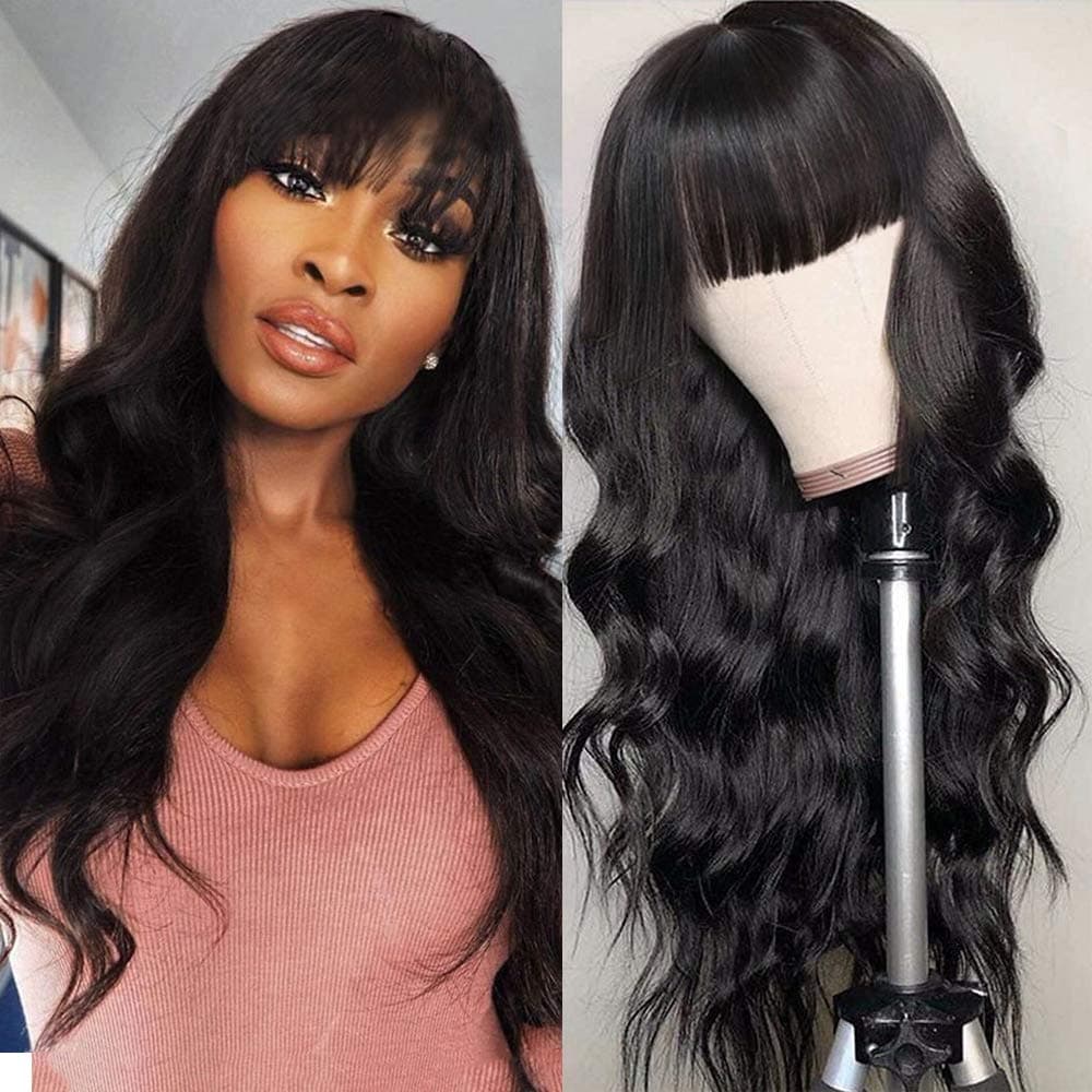 Body Wave Wigs With Bangs Virgin Brazilian None Lace Front Wigs Human Hair Wigs 180% Density Glueless Machine Made Wigs For Black Women (16 inch, body wave)