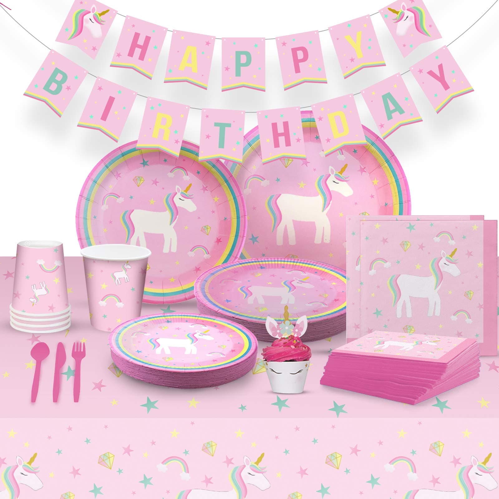 My Greca Rainbow Unicorn Party Supplies - 16 Guests - 1st Birthday Girl Decorations - Party Plates, Cupcake Wrapper & Topper, Cups, Napkins, Table Cover, Banner, Utensils Set