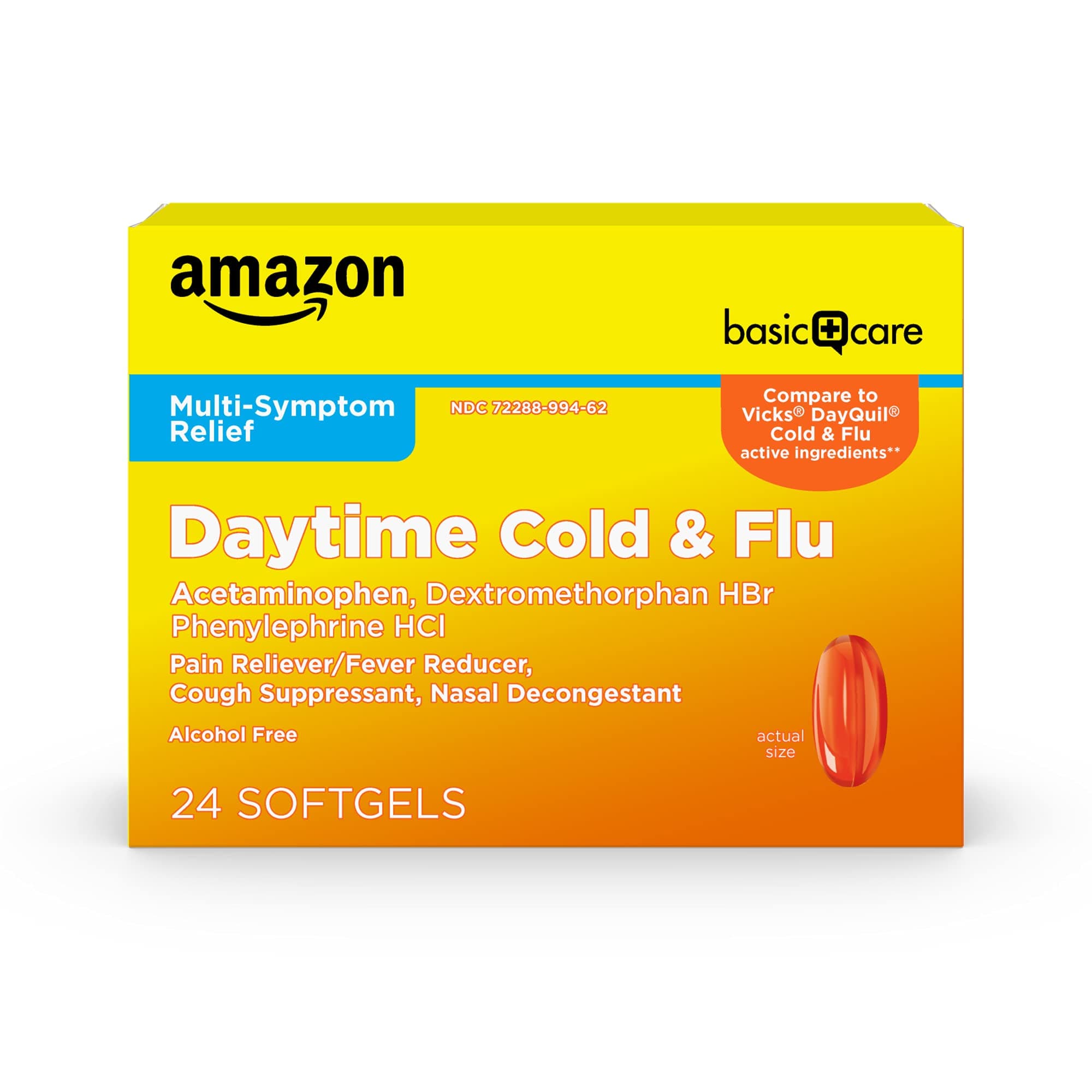 Daytime Cold and Flu Relief Softgels, Non-Drowsy Multi-Symptom Relief for Pain, Fever, Headache, Cough, Sore Throat, Nasal Congestion, 24 Count