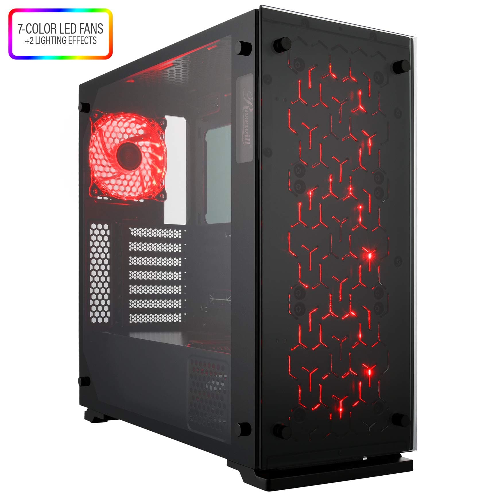 Rosewill ATX Mid Tower Gaming Computer PC Case, Tempered Glass, 7 Color LED Fans, 360mm or 240mm Water Cooling AIO Support, Great Cable Management/Airflow, Gaming Style Window Case - Prism T500