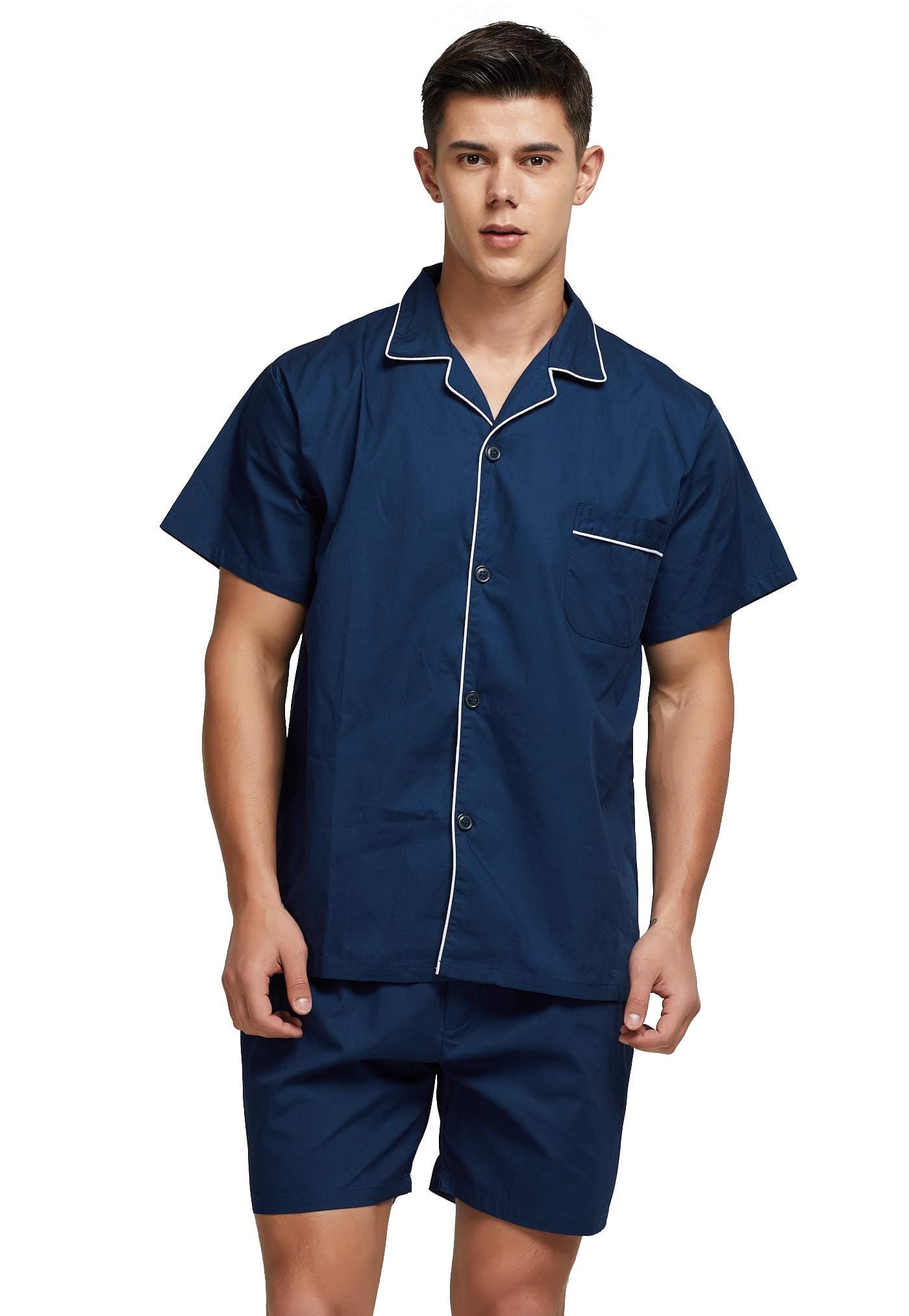 Mens Cotton Pajamas Short Sleeve Pajama Set Woven Sleepwear Loungewear Nightwear