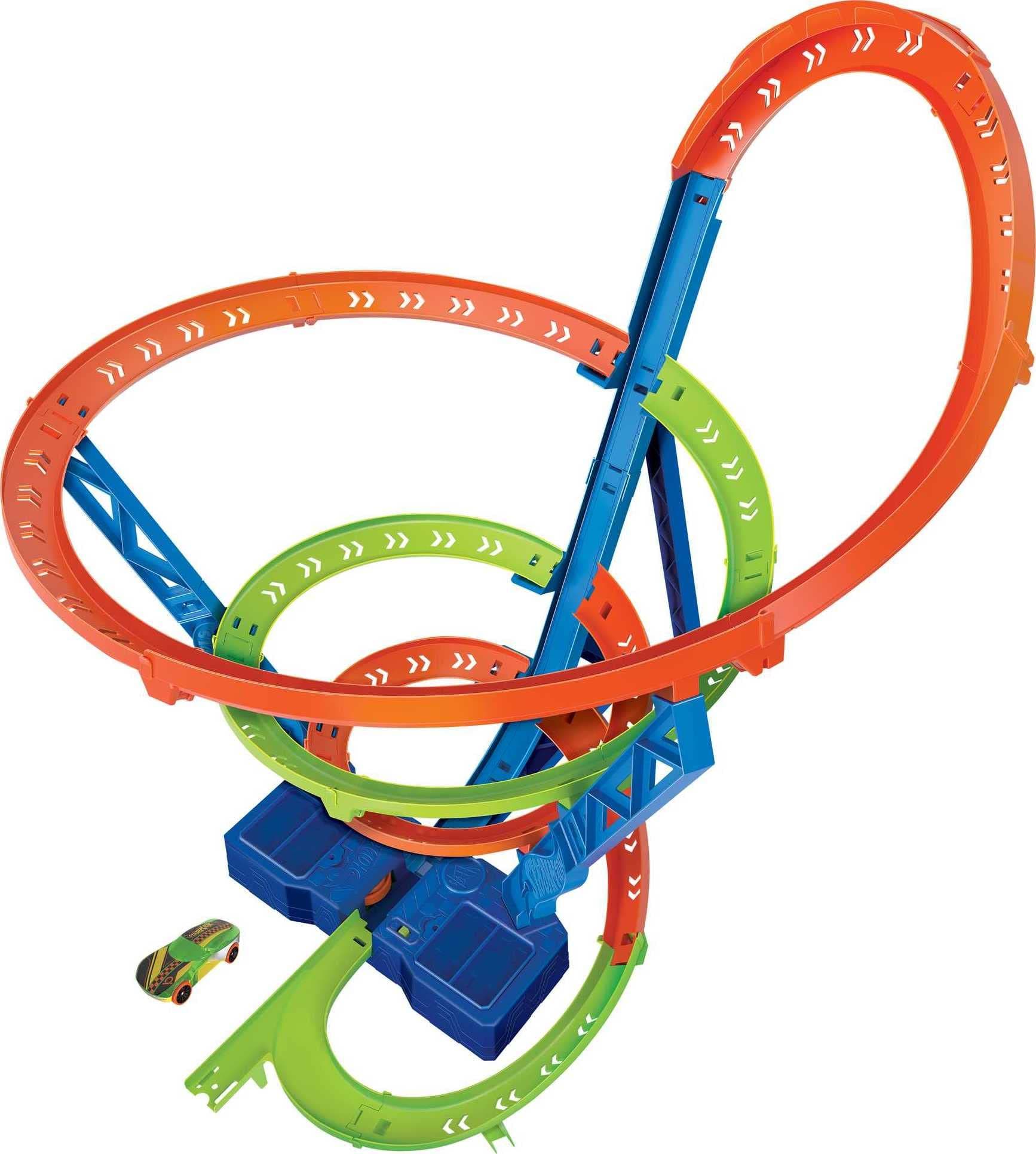 Let's Race Netflix - Track Set and 1:64 Scale Toy Car, 29' Tall Track with Motorized Booster for Fast Racing, Action Spiral Speed Crash Playset, HJT51