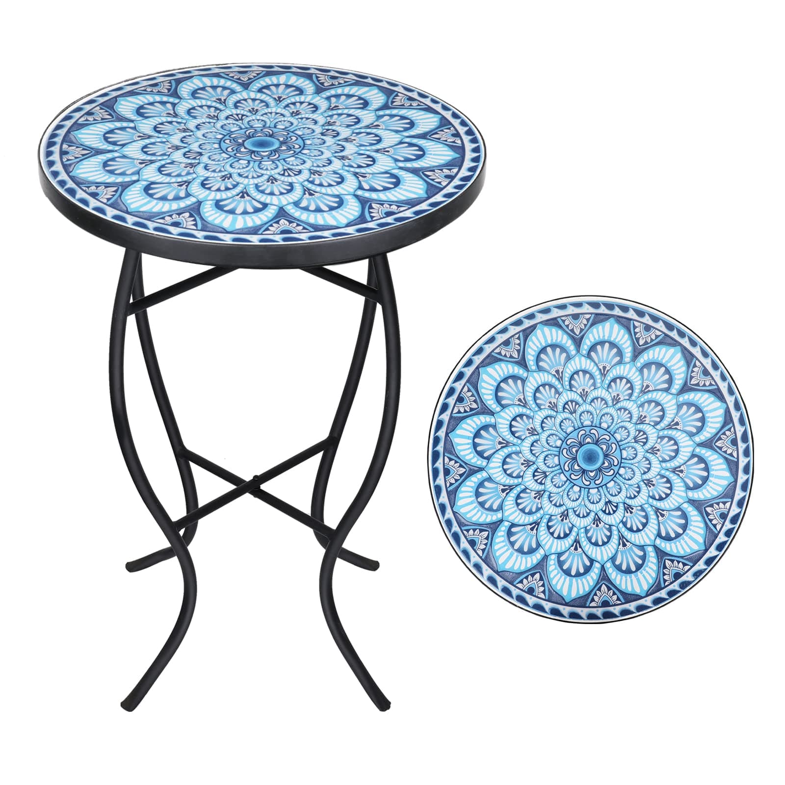 VCUTEKA Mosaic Outdoor Side Table, 14" Round Small Patio Accent Table Indoor End Table for Yard, Garden, Living Room, Bistro Balcony or Lawn Blue